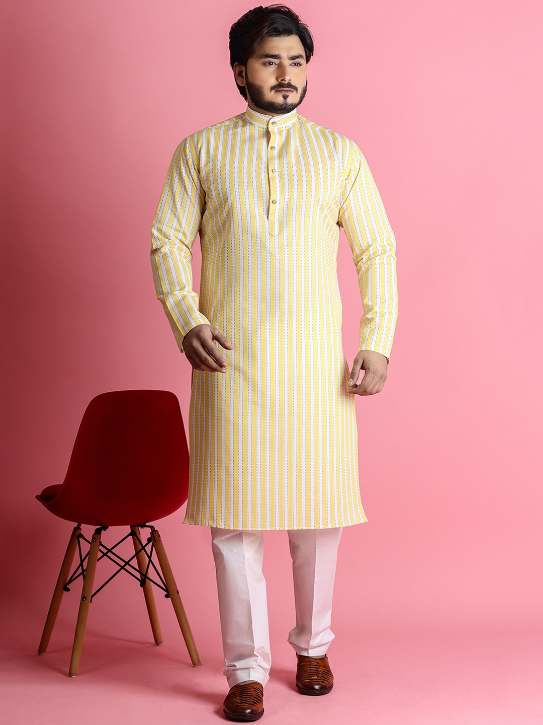 

Tibra Collection Striped Mandarin Collar Kurta with Pyjamas, Yellow