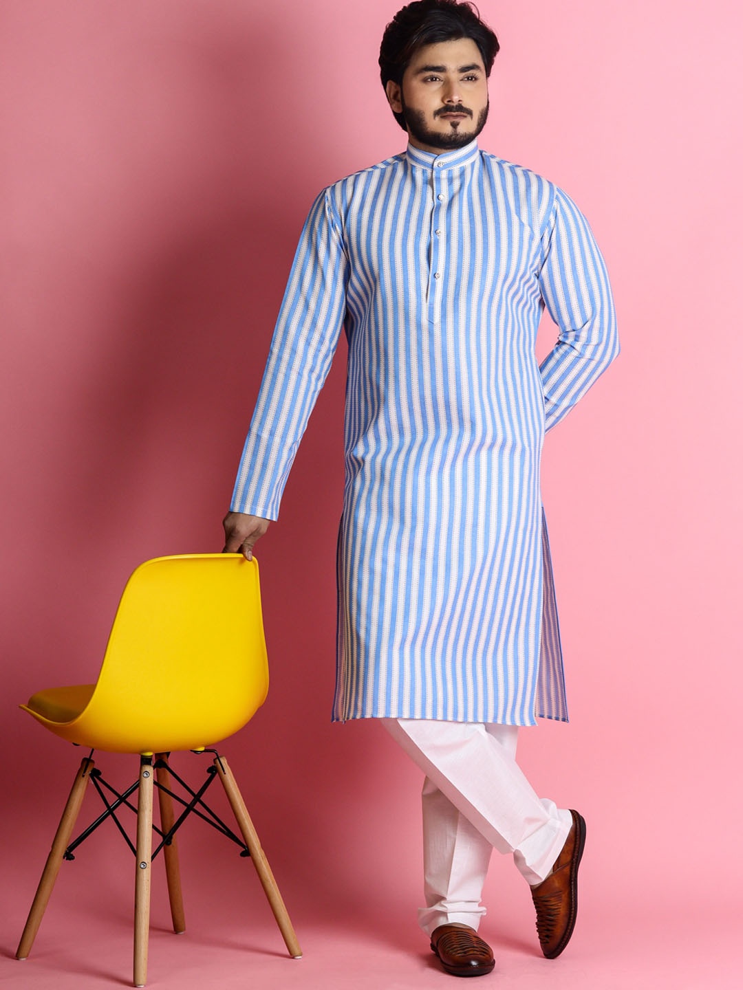 

Tibra Collection Striped Band Collar Regular Kurta With Pyjamas, Blue
