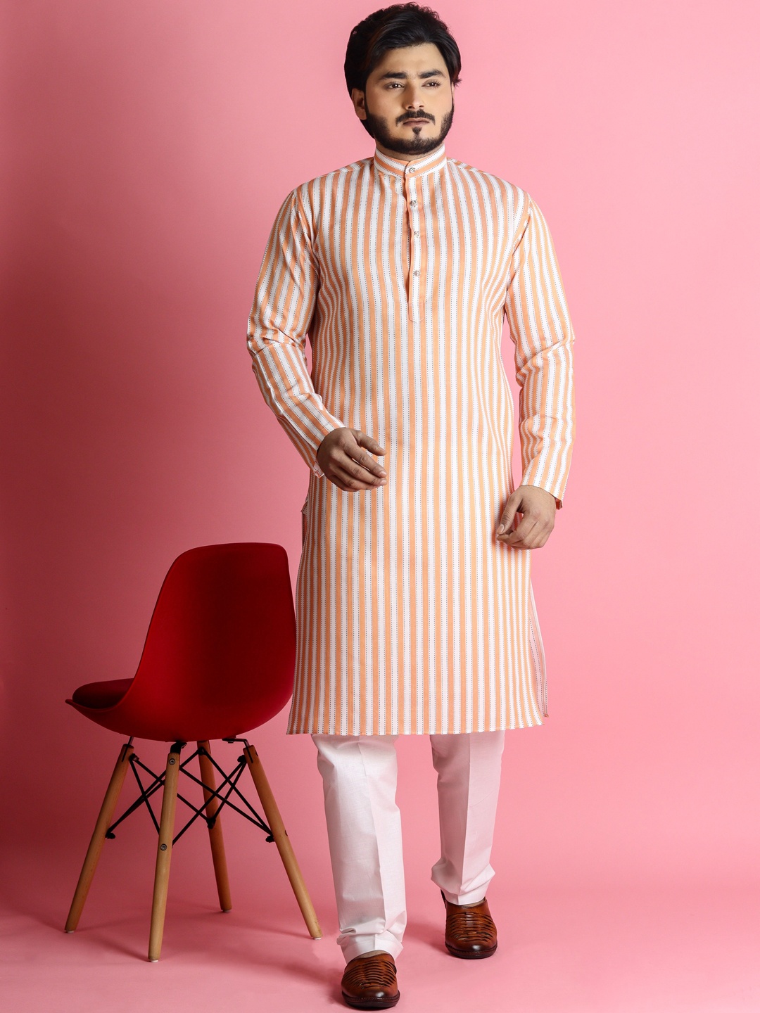 

Tibra Collection Striped Mandarin Collar Regular Kurta With Pyjamas, Orange
