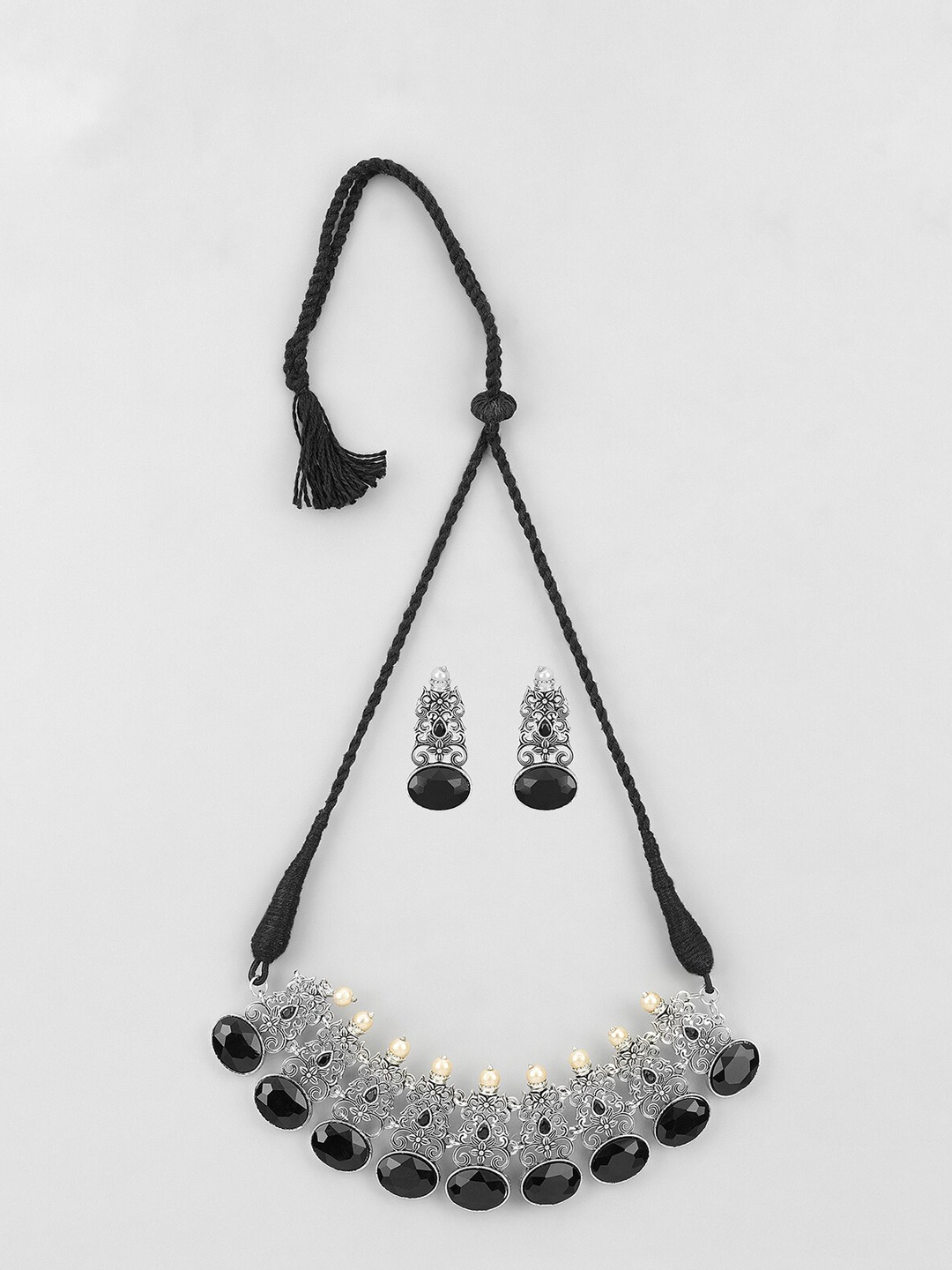 

Samridhi DC Oxidised Silver-Plated Stone-Studded & Beaded Jewellery Set