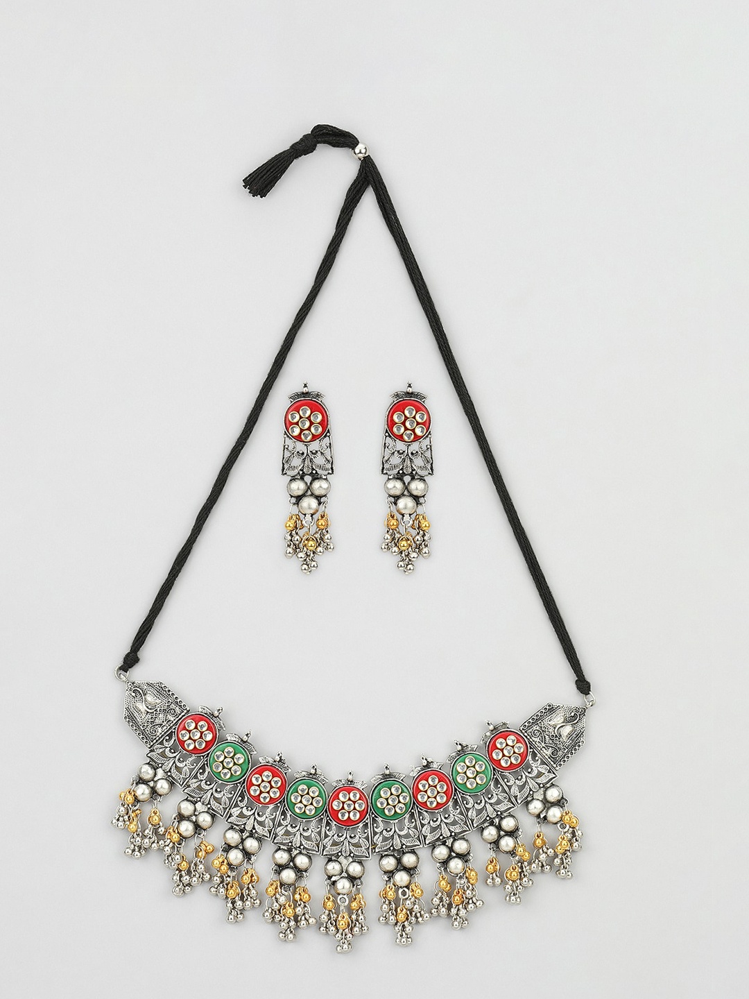 

Samridhi DC Oxidised Silver-Plated Stone-Studded & Beaded Jewellery Set
