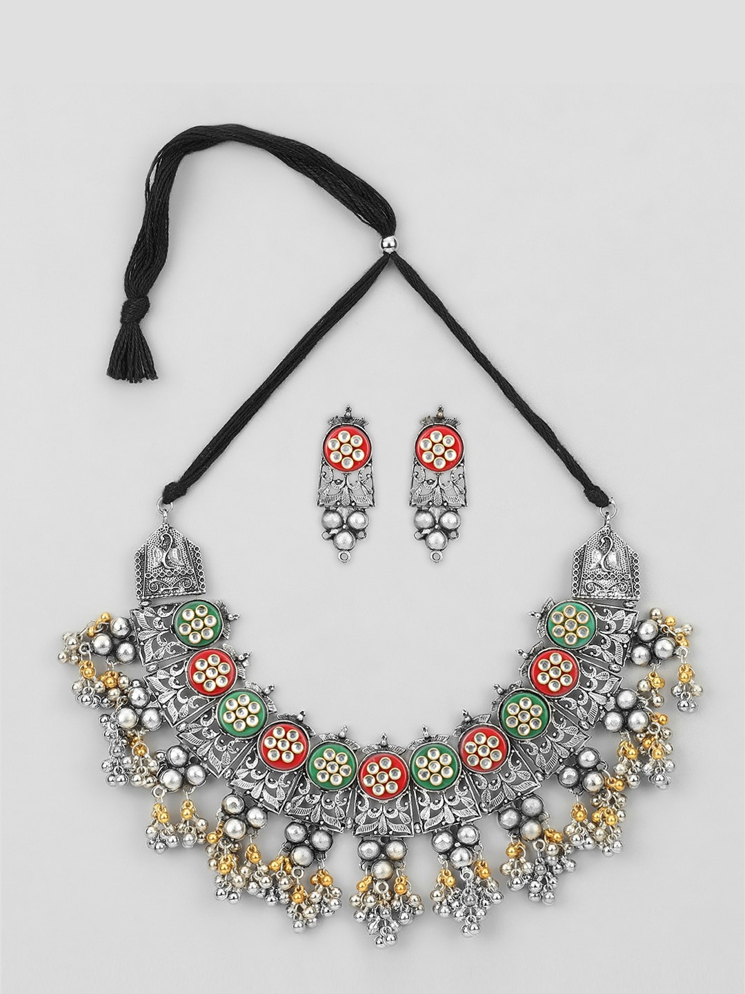 

Samridhi DC Oxidised Silver-Plated Stone-Studded & Beaded Jewellery Set