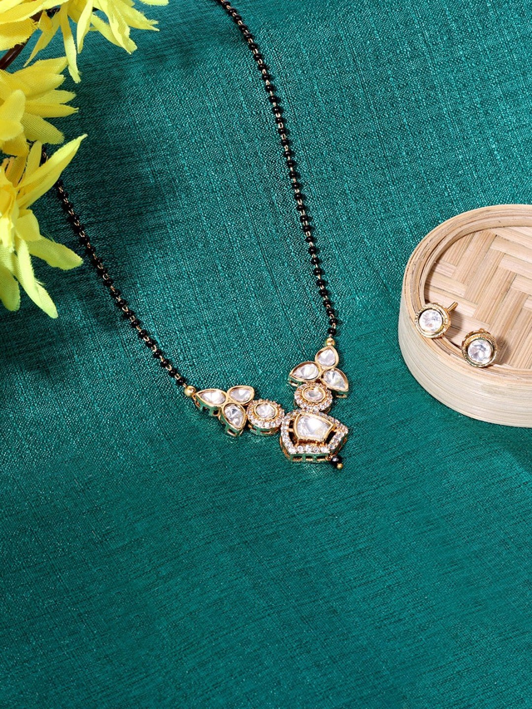 

ABDESIGNS Gold-Plated Beaded & Kundan Polki Mangalsutra With Earrings