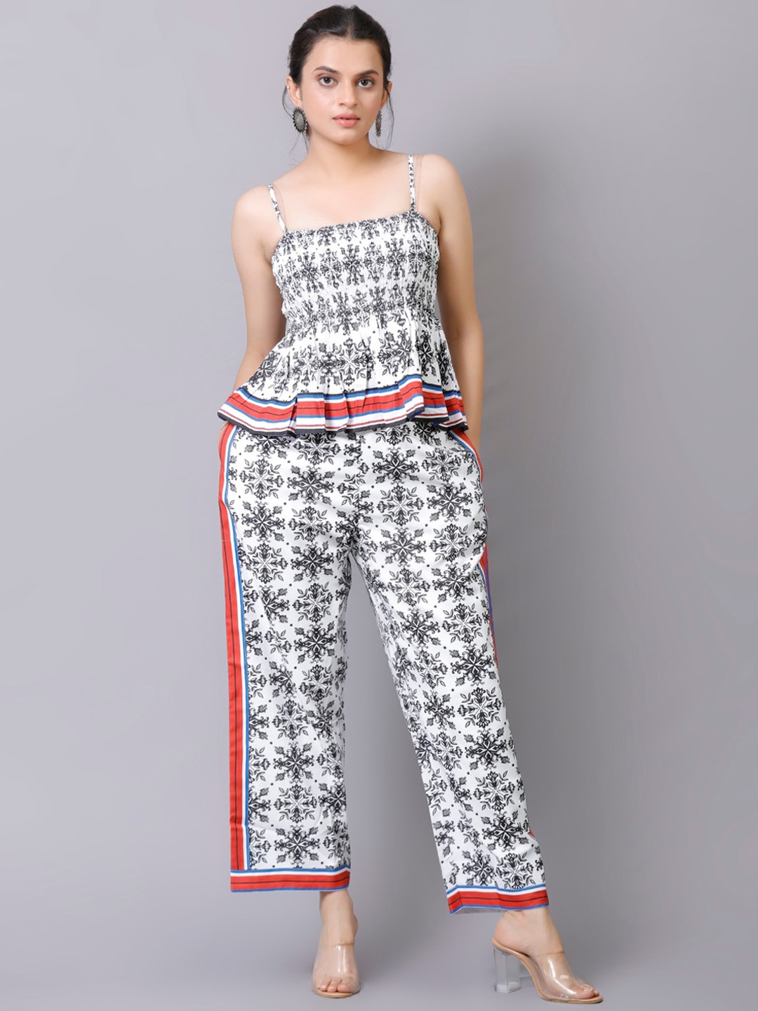 

V TRADITION Floral Printed Top With Trousers Co-ords, White