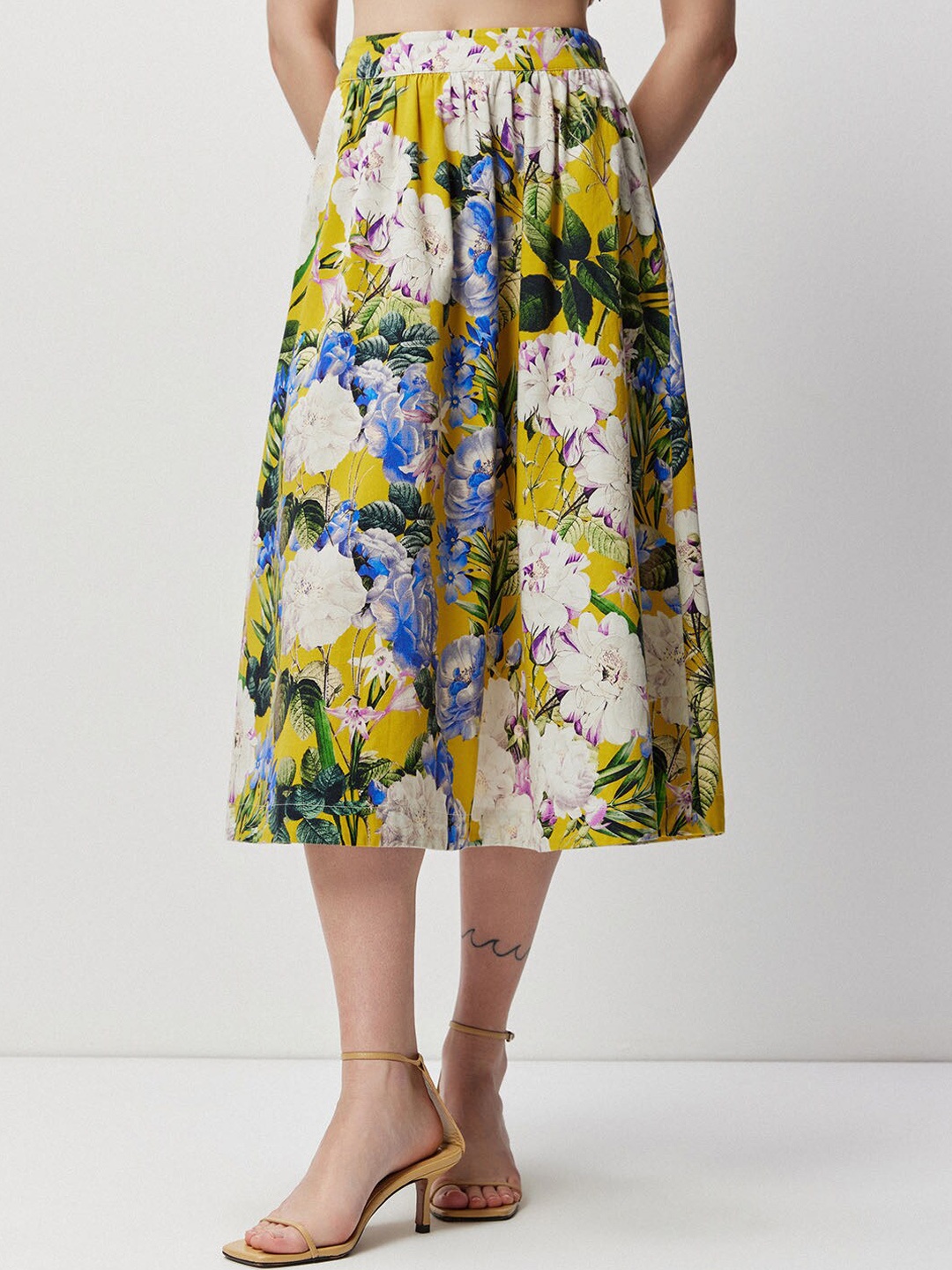 

COVER STORY Floral Printed Pure Cotton Flared Midi Skirt, Mustard