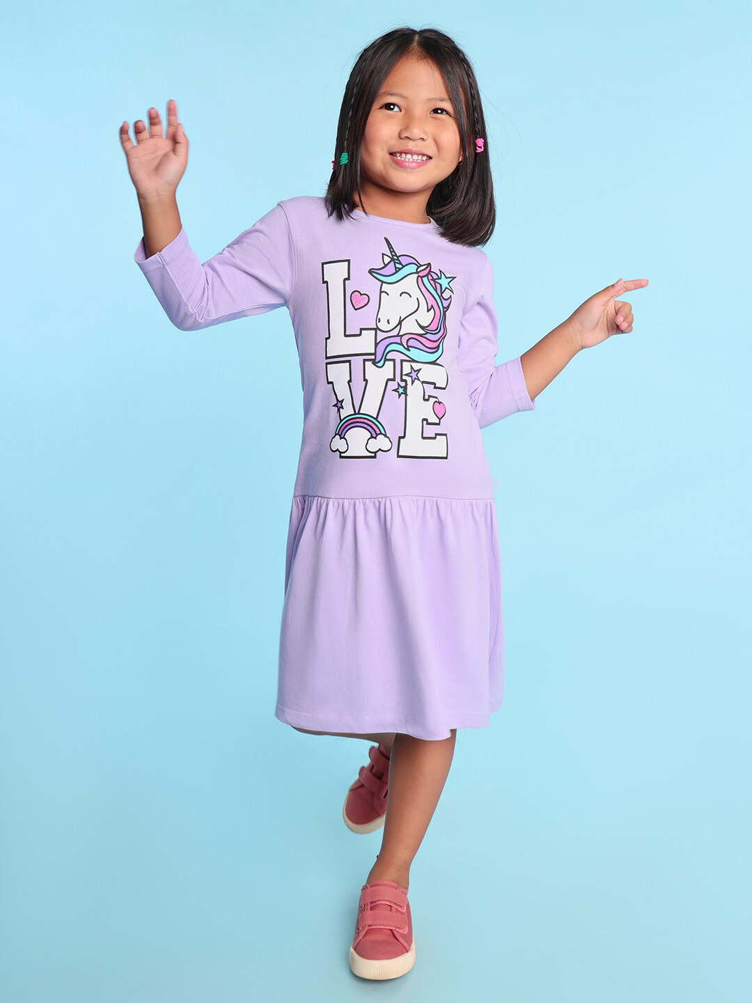

BONKIDS Girls Love Unicorn Printed Cotton Drop-Waist Dress, Purple