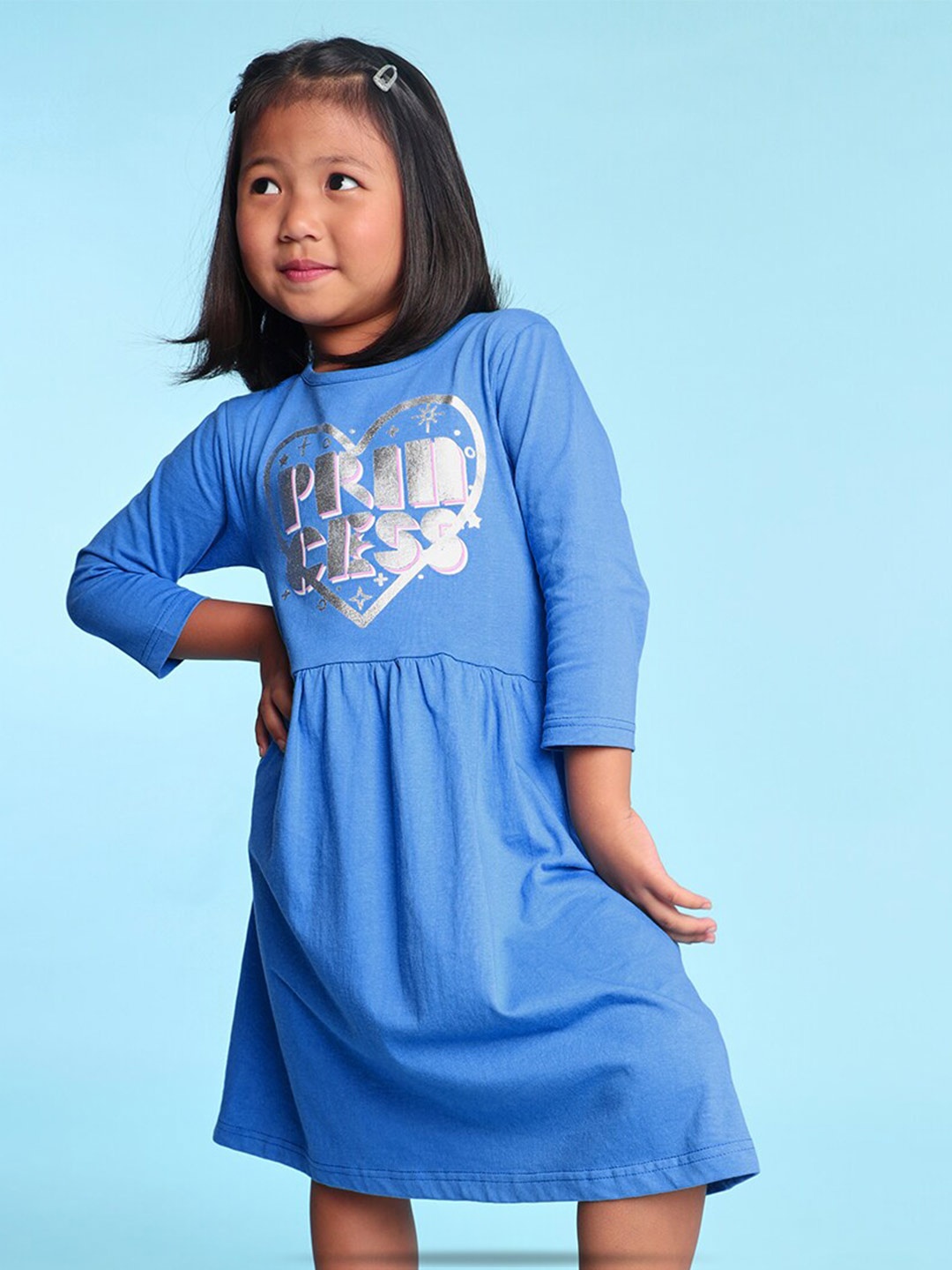 

BONKIDS Girls Princess Print Fit & Flare Cotton Dress, Blue