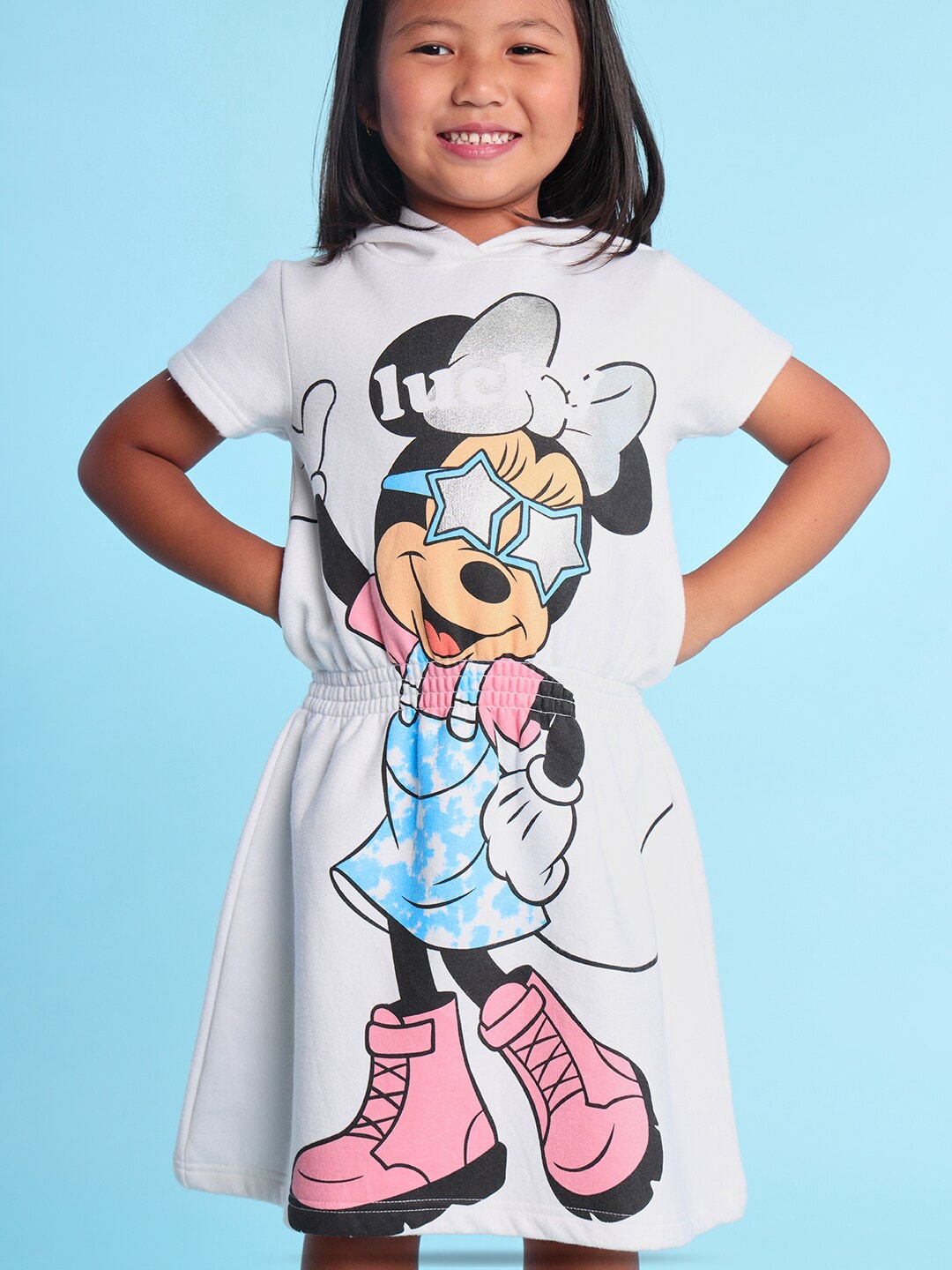 

BONKIDS Girls Mini Mouse Printed Hooded Fit & Flare Cotton Dress, White