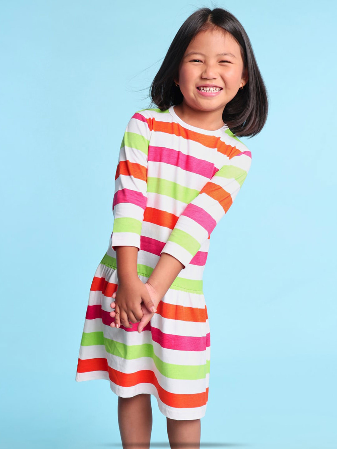 

BONKIDS Girls Striped Fit & Flare Cotton Dress, White