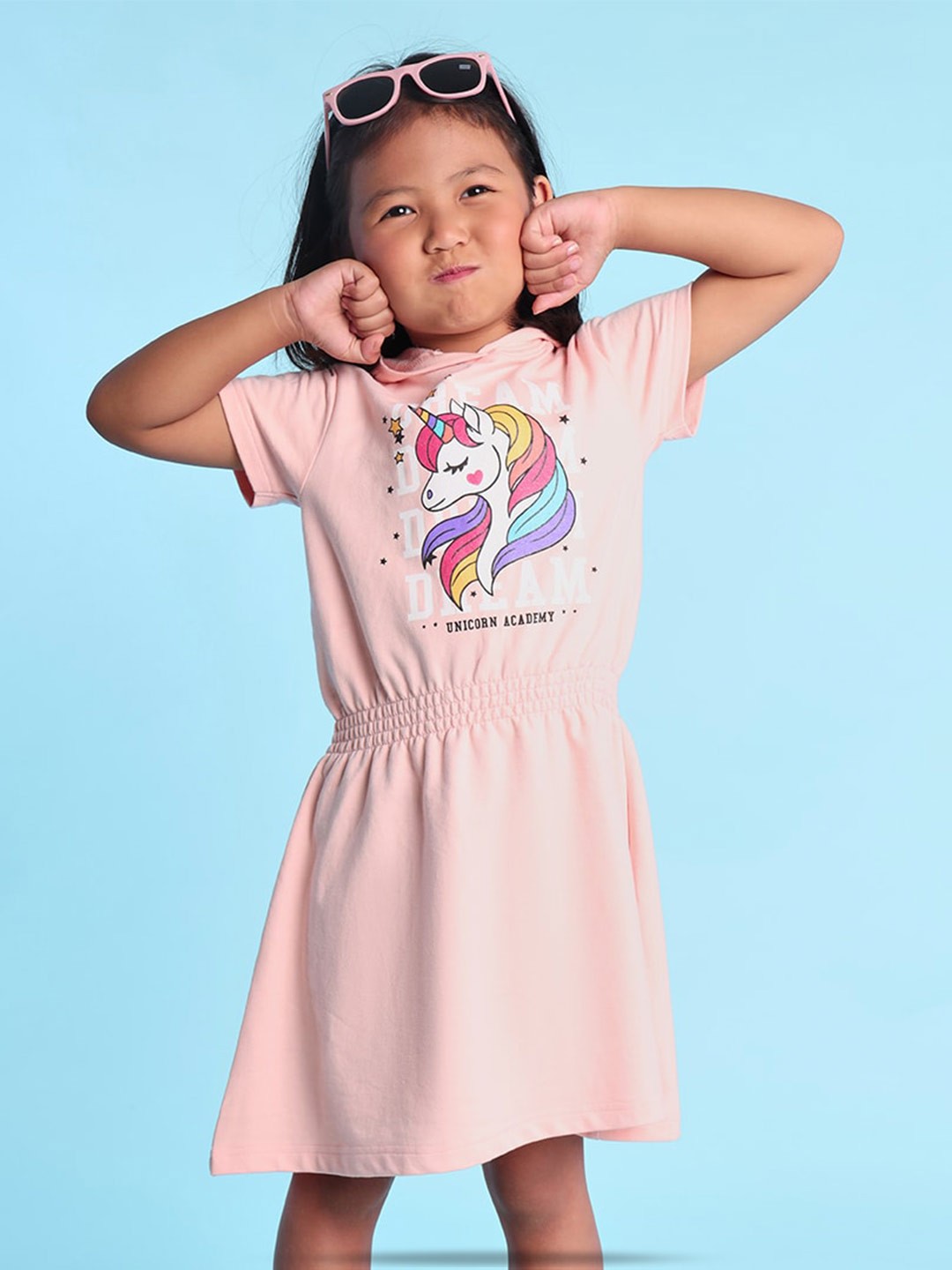 

BONKIDS Girls Unicorn Printed Hooded Fit & Flare Cotton Dress, Peach