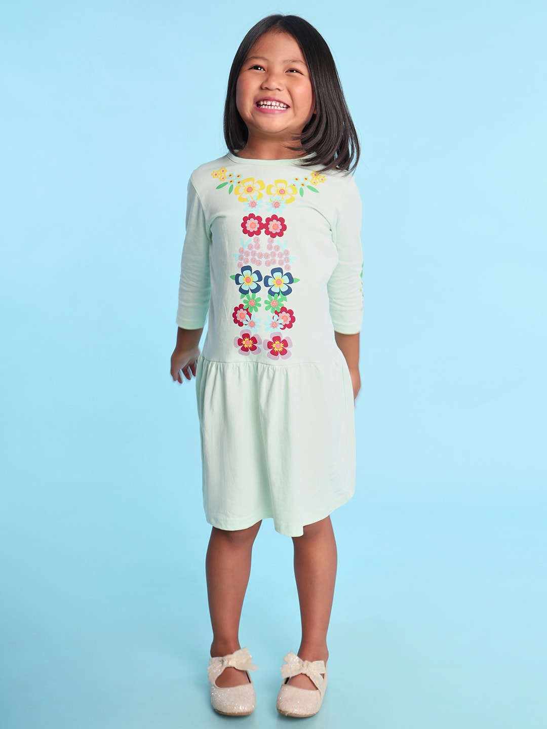 

BONKIDS Girls Floral Cotton Drop-Waist Dress, Sea green