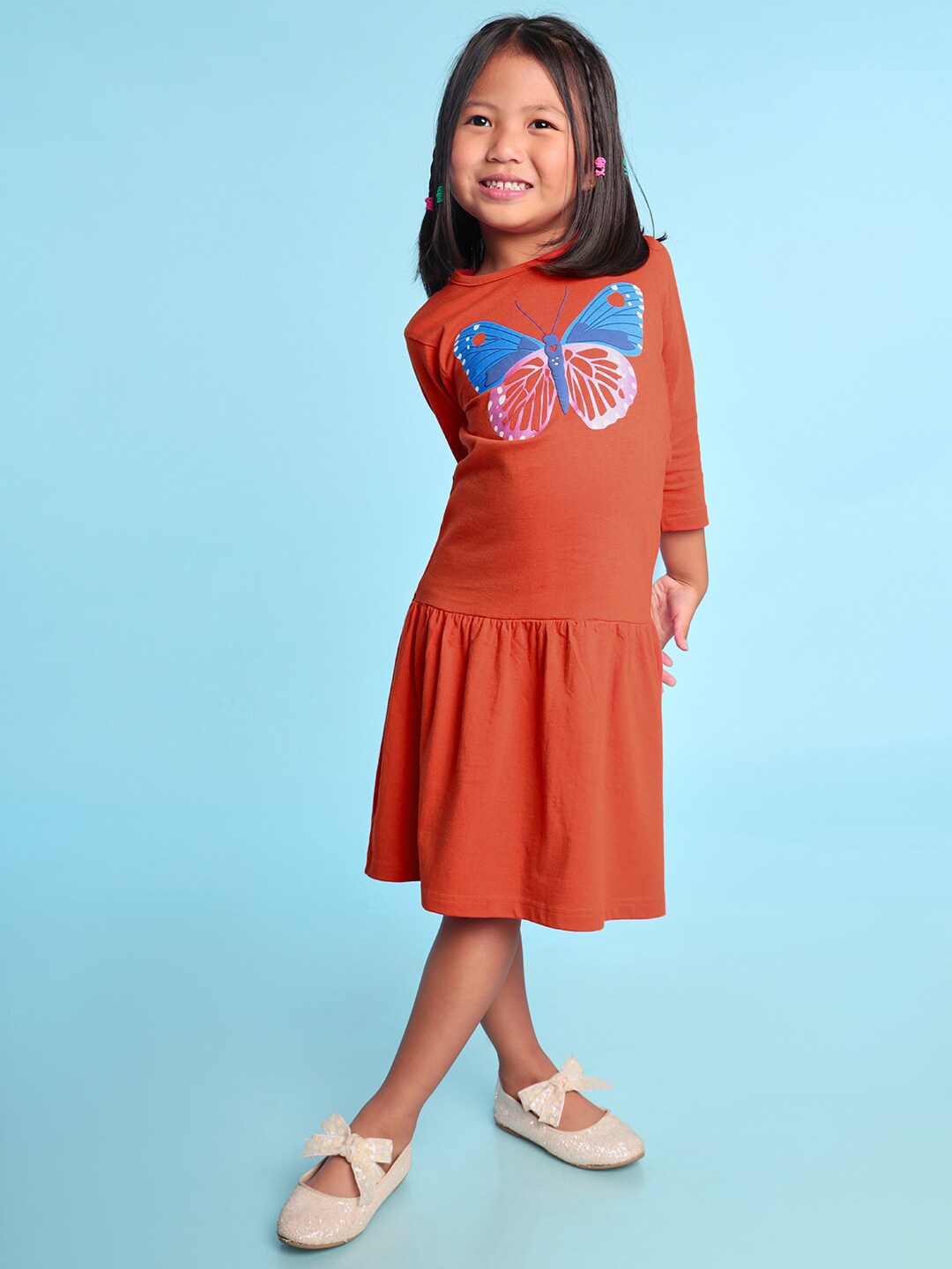 

BONKIDS Girls Print Drop Waist Midi Cotton Dress, Red