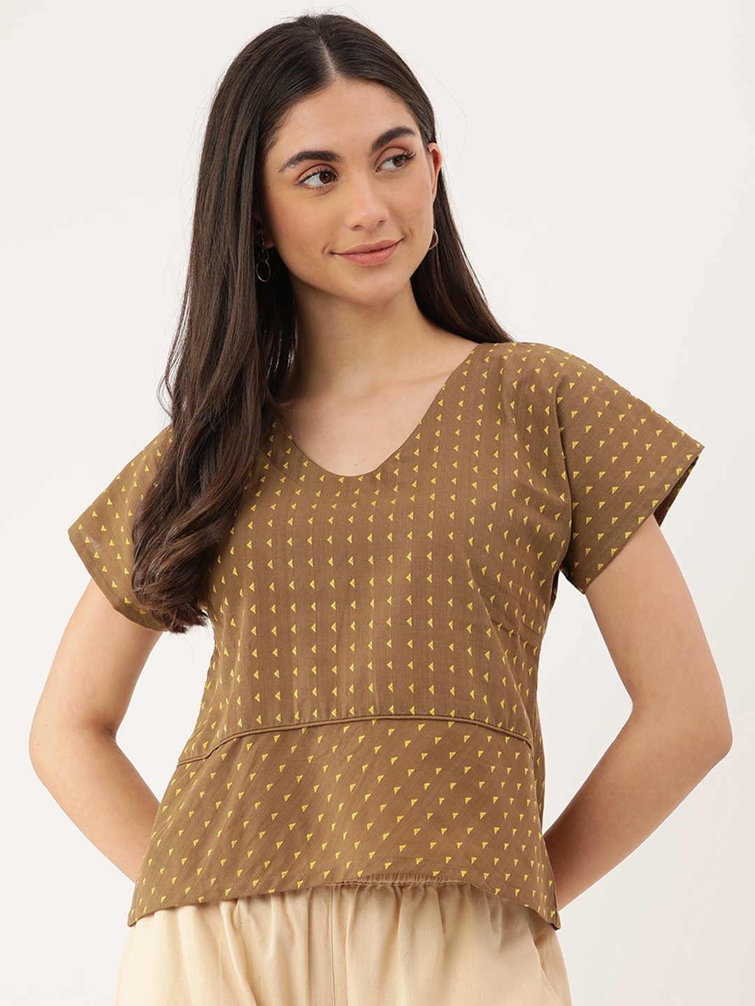 

Lokatita Geometric Print Extended Sleeves Pure Cotton Top, Brown