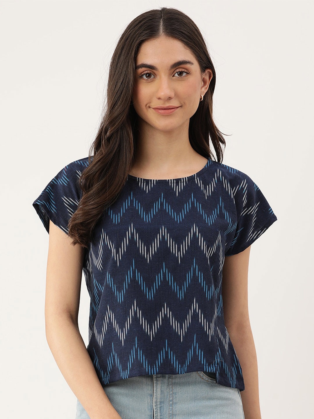 

Lokatita Geometric Print Pure Cotton Top, Blue