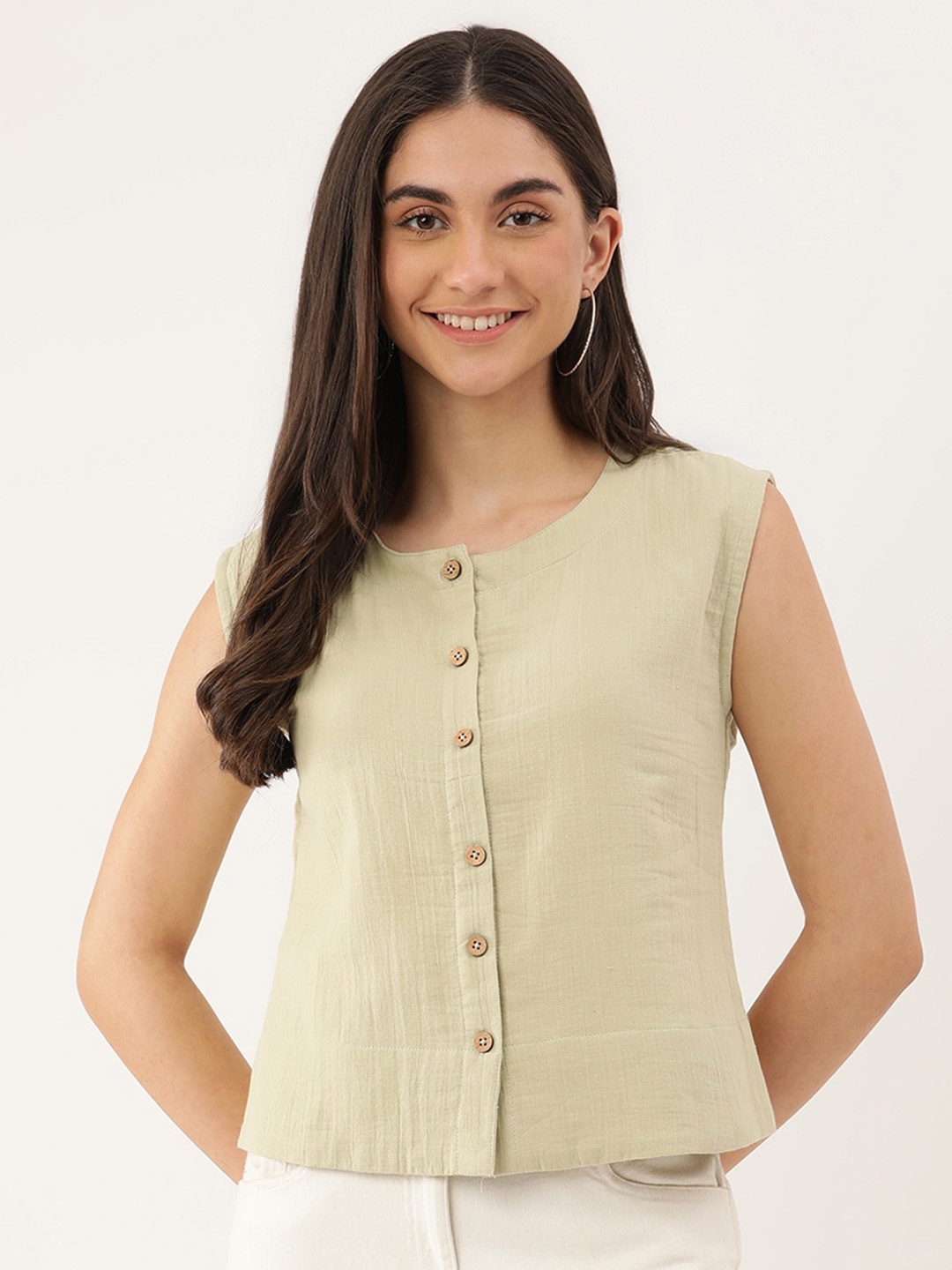 

Lokatita Round Neck Sleeveless Pure Cotton Top, Green