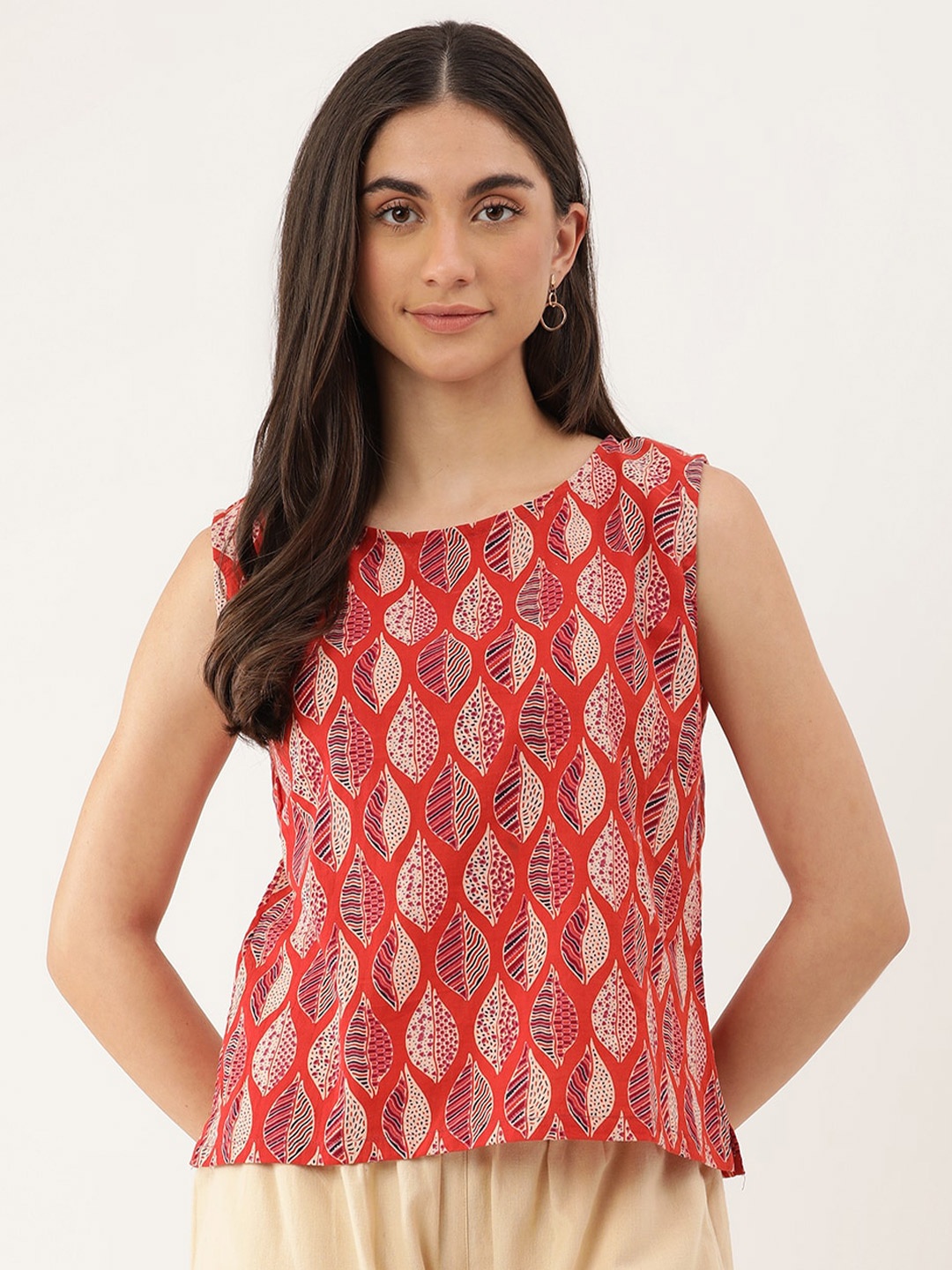 

Lokatita Floral Printed Pure Cotton Regular Top, Red