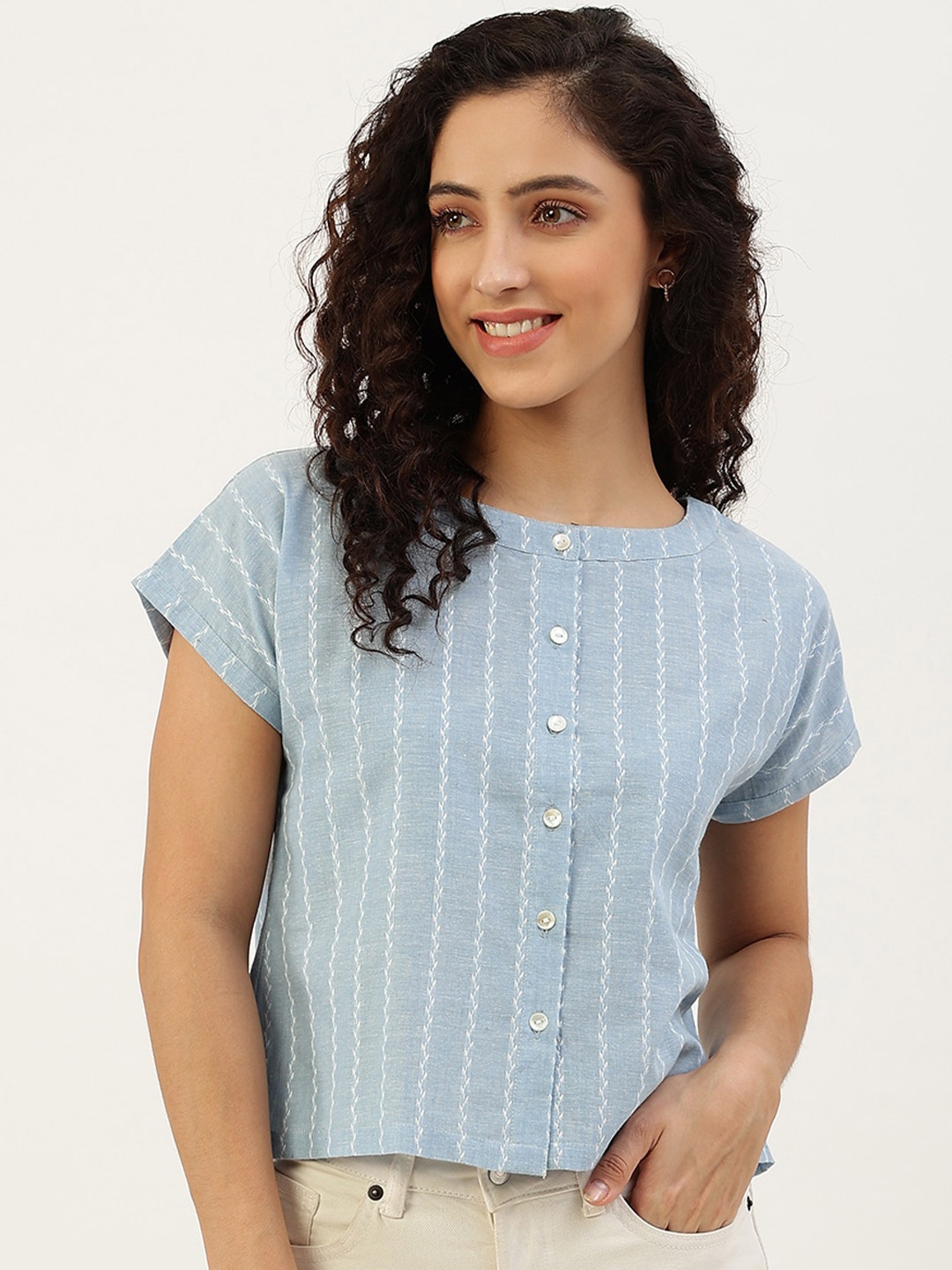 

Lokatita Blue Striped Extended Sleeves Cotton Top