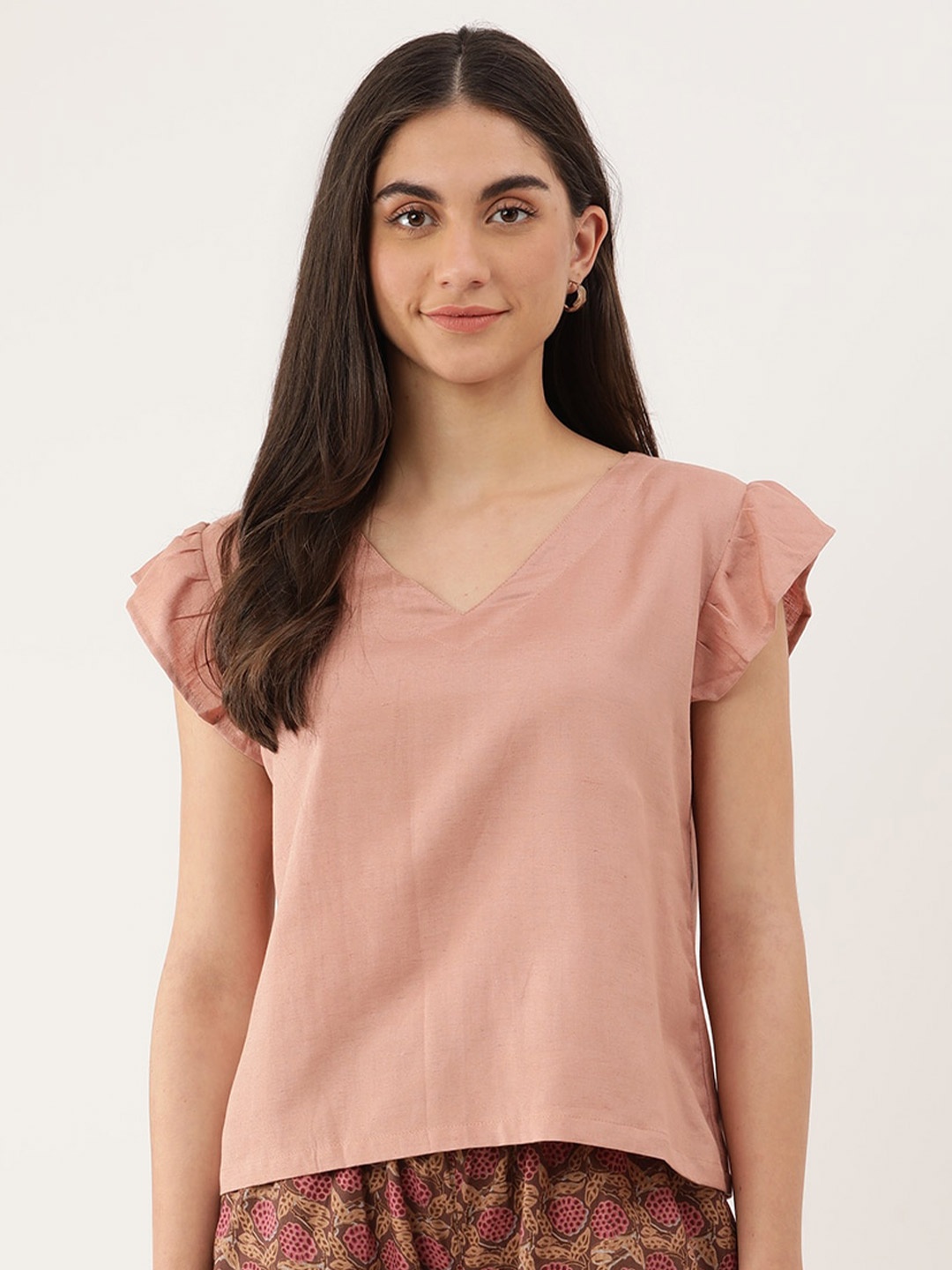 

Lokatita V-Neck Flutter Sleeve Ruffles Top, Peach