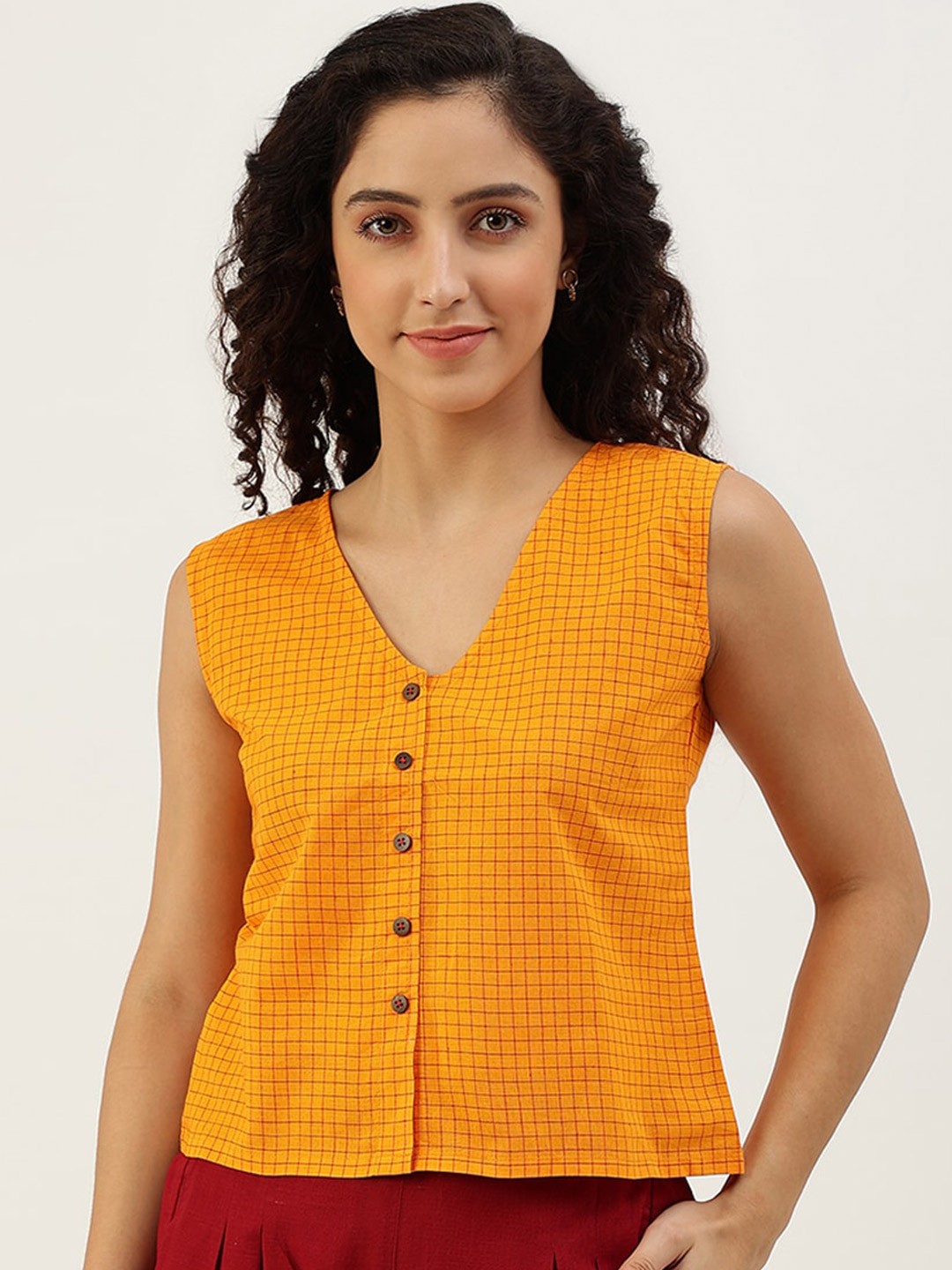 

Lokatita Checked Pure Cotton Regular Top, Mustard