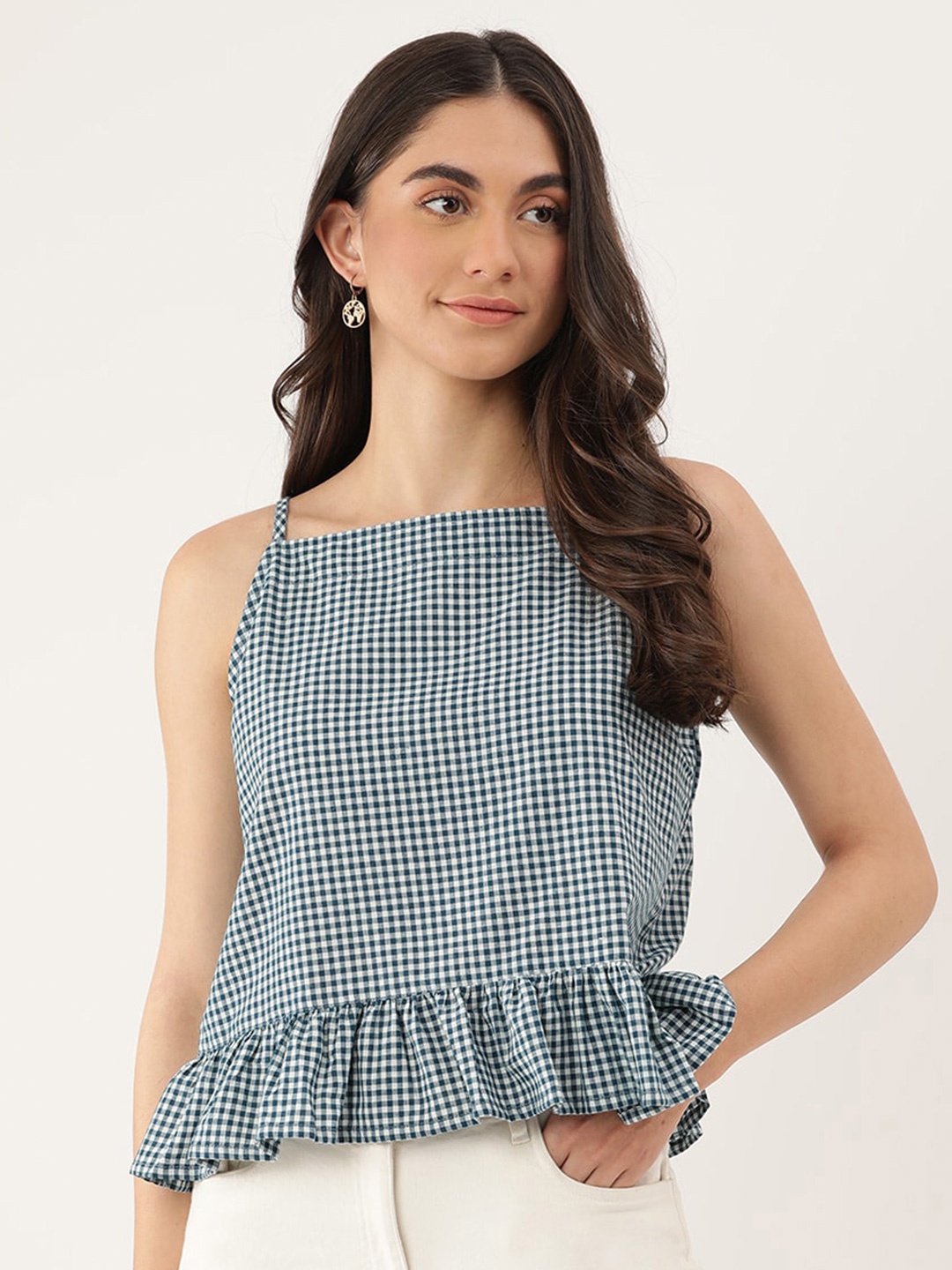 

Lokatita Checked Gathered Or Pleated Pure Cotton Peplum Top, Blue