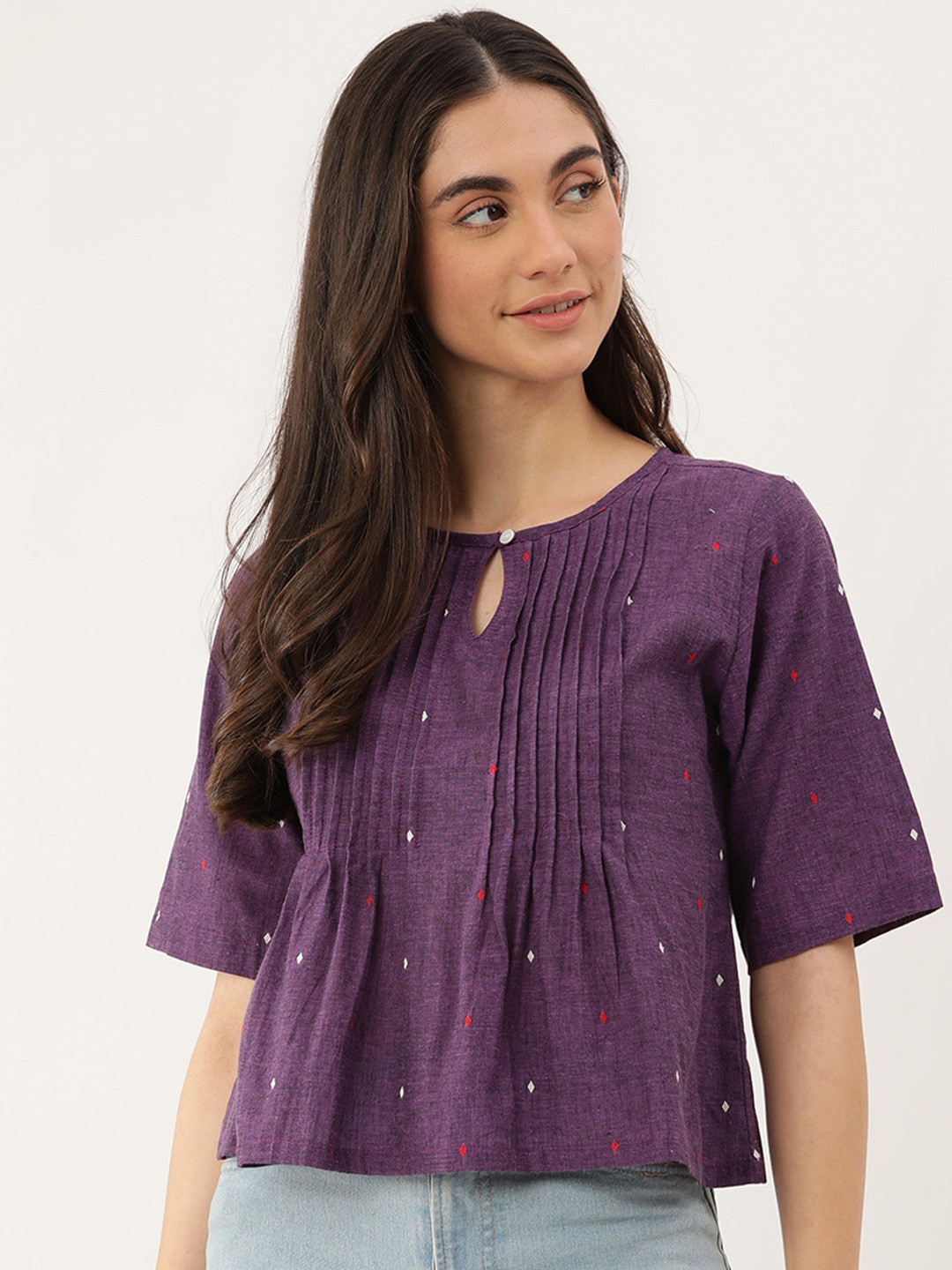 

Lokatita Ethnic Motifs Printed Gathered Or Pleated Pure Cotton A-Line Top, Purple