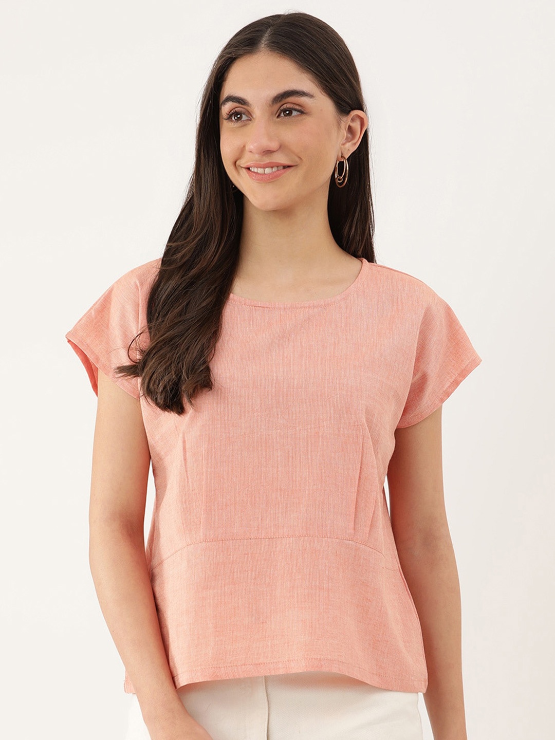 

Lokatita Boat Neck Pleated Pure Cotton Top, Peach