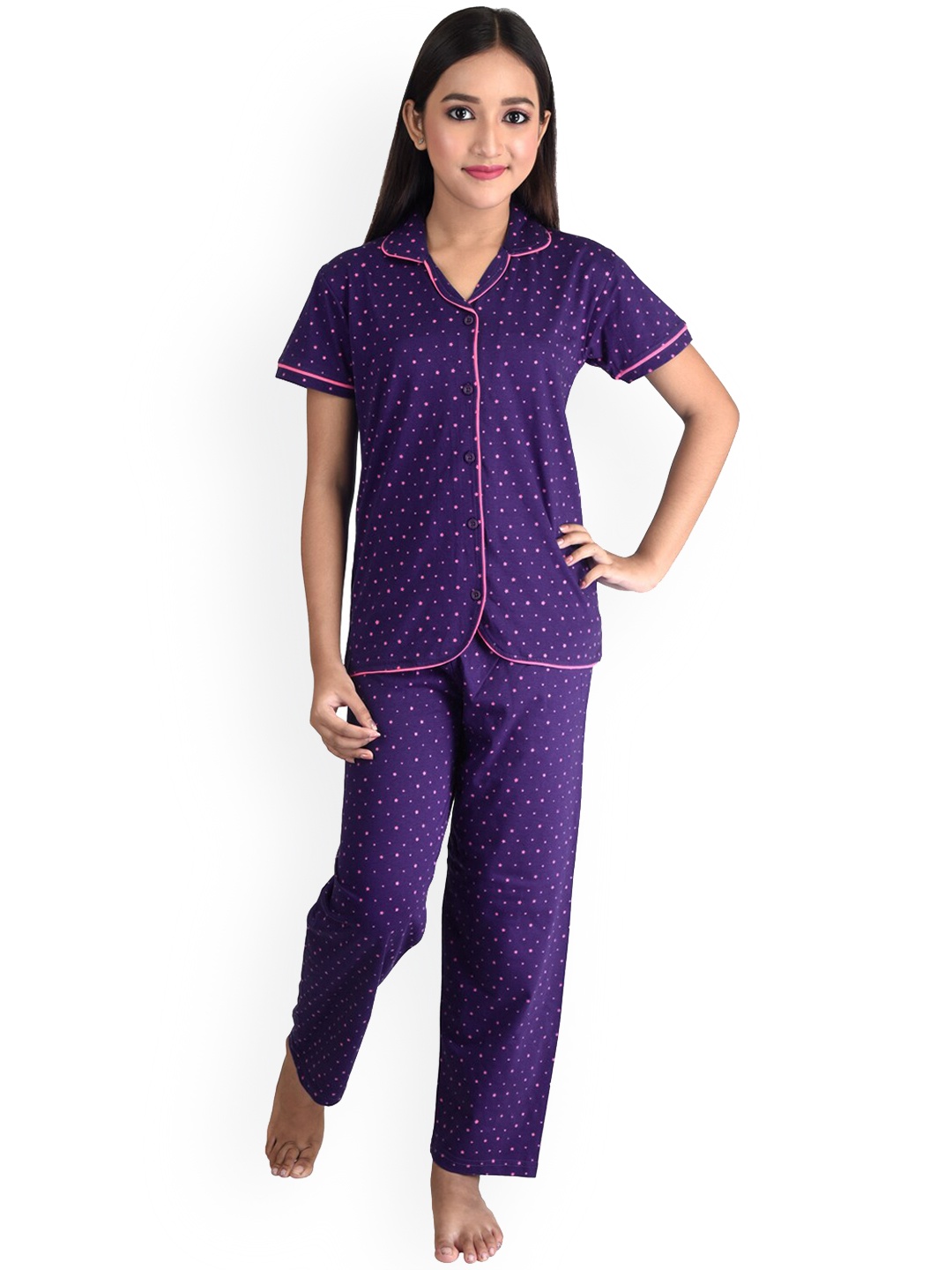 

Clothe Funn Girls Conversational Printed Pure Cotton Night Suit, Purple