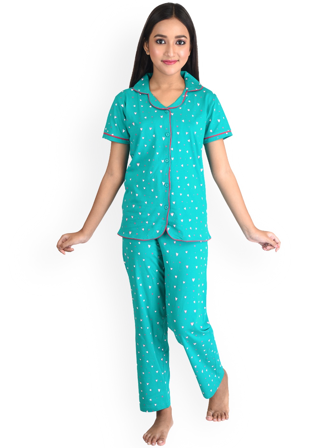 

Clothe Funn Girls Conversational Printed Pure Cotton Night Suit, Turquoise blue