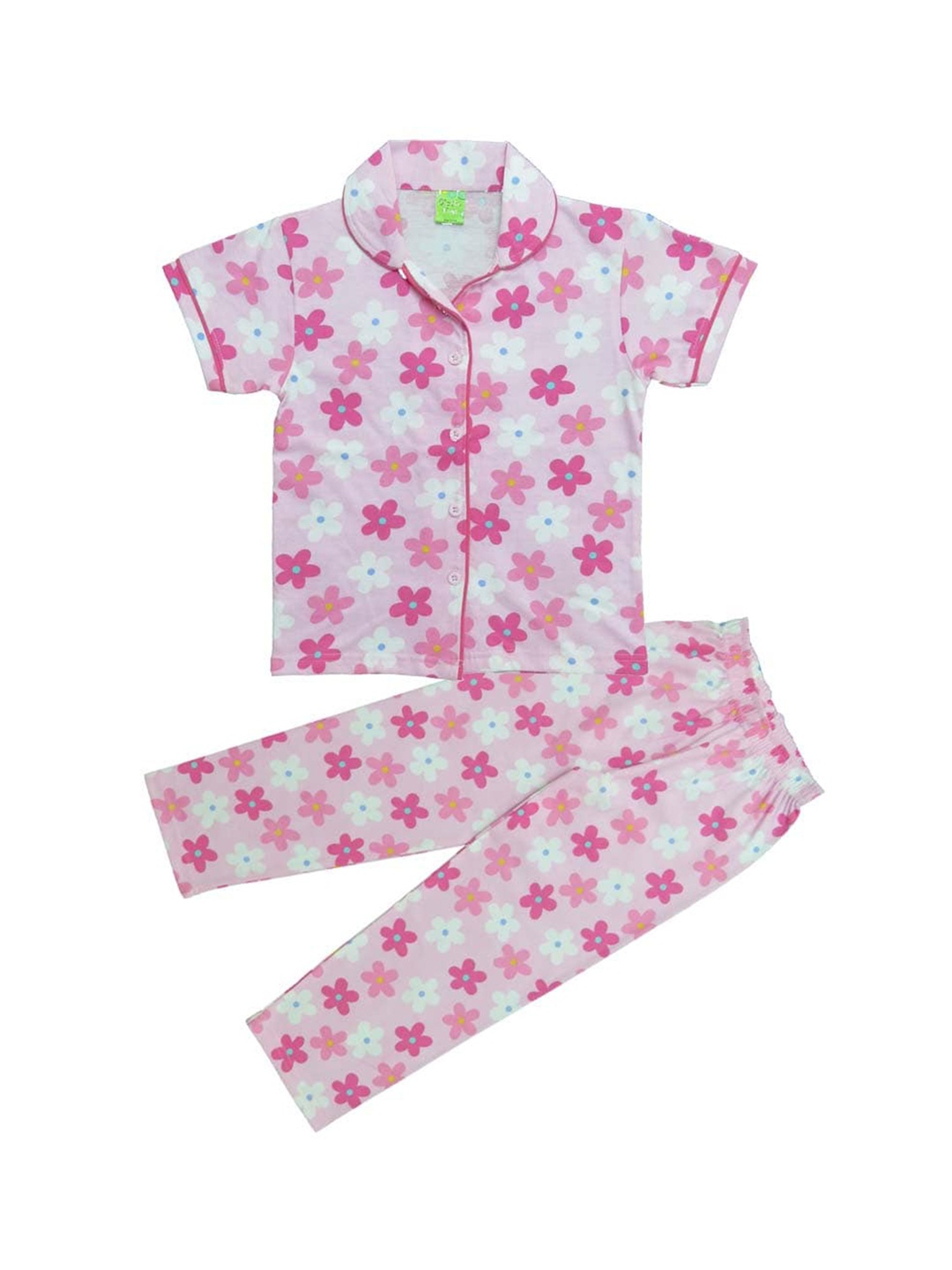 

Clothe Funn Girls Floral Printed Pure Cotton Night Suit, Pink