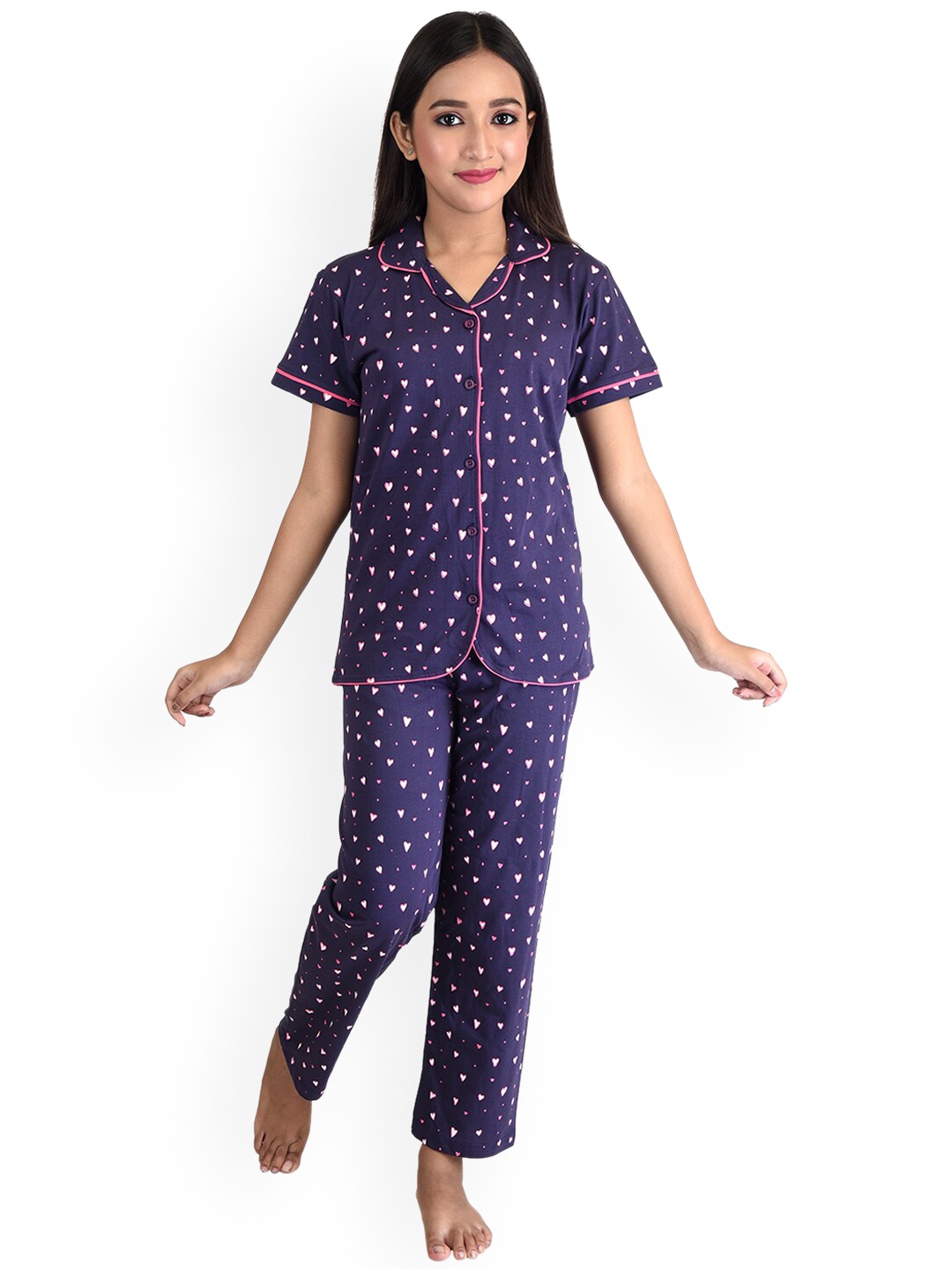 

Clothe Funn Girls Conversational Printed Pure Cotton Night Suit, Navy blue
