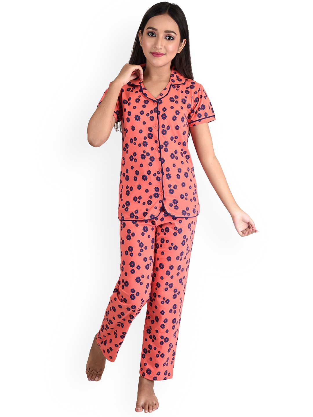 

Clothe Funn Girls Floral Printed Pure Cotton Night Suit, Coral