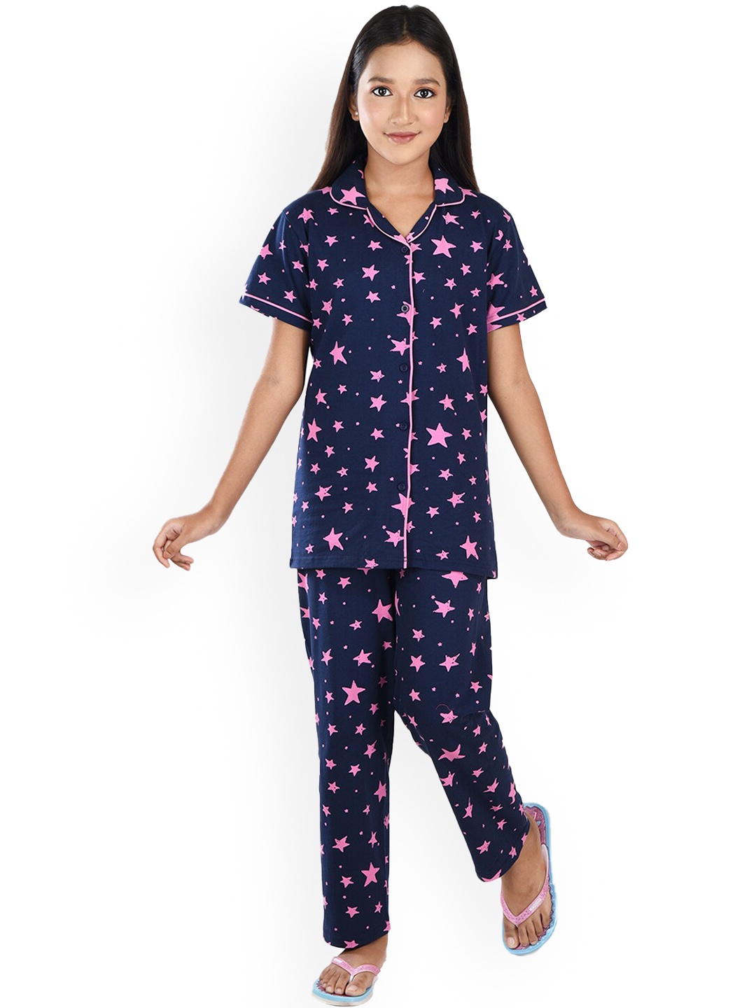 

Clothe Funn Girls Conversational Printed Pure Cotton Night Suit, Navy blue