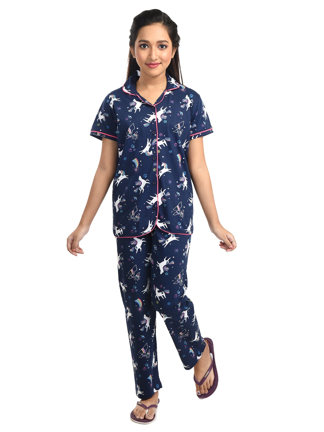 

Clothe Funn Girls Conversational Printed Pure Cotton Night Suit, Navy blue