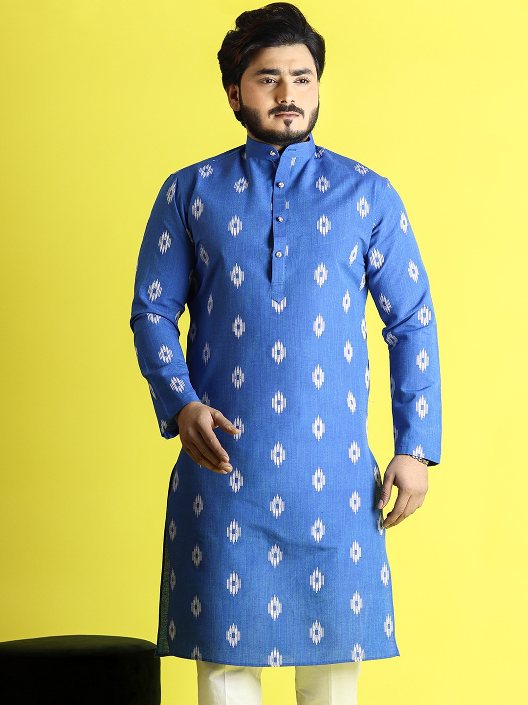 

Tibra Collection Band Collar Ethnic Motifs Woven Design Straight Cotton Kurta, Blue