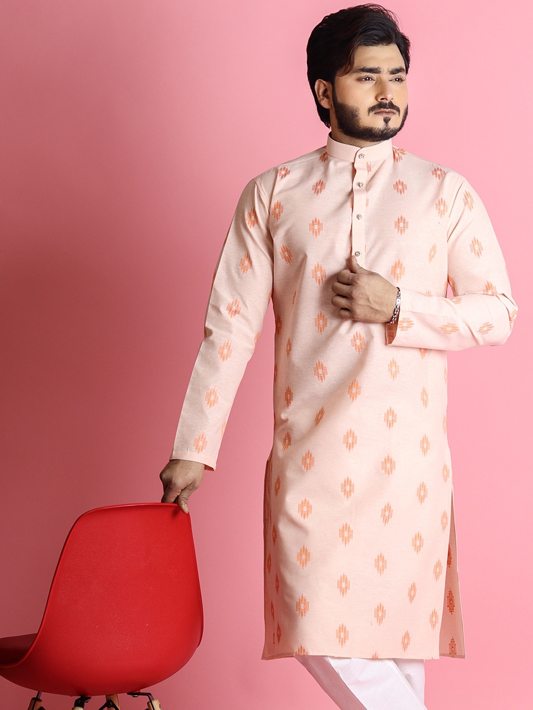 

Tibra Collection Mandarin Collar Woven Design Pure Cotton Kurta, Orange