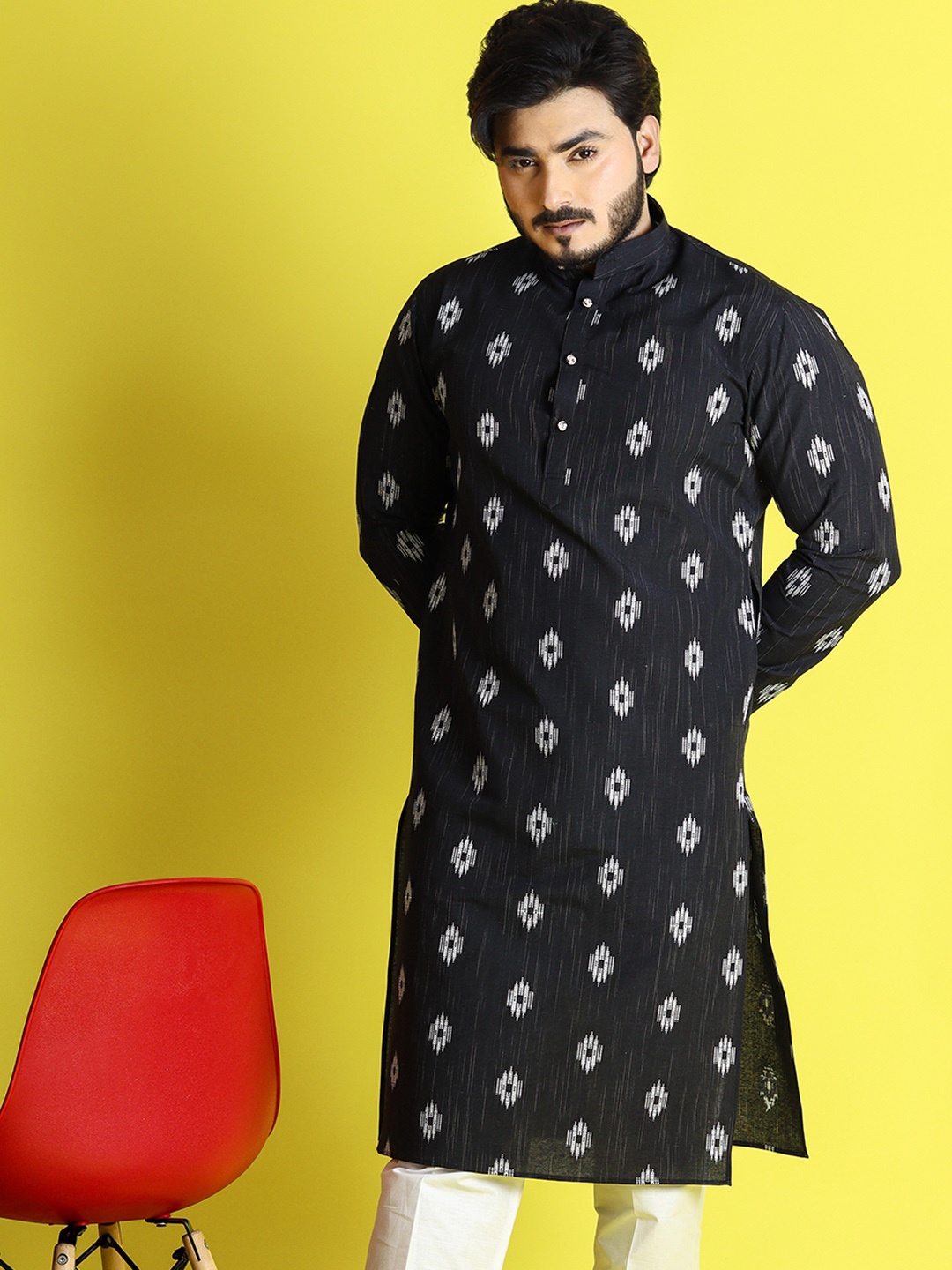 

Tibra Collection Band Collar Ethnic Motifs Woven Design Straight Cotton Kurta, Black