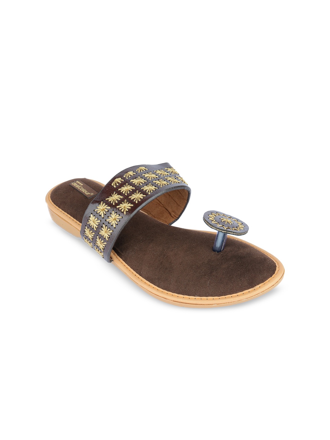 

DESI COLOUR Embroidered Ethnic One Toe Flats, Brown