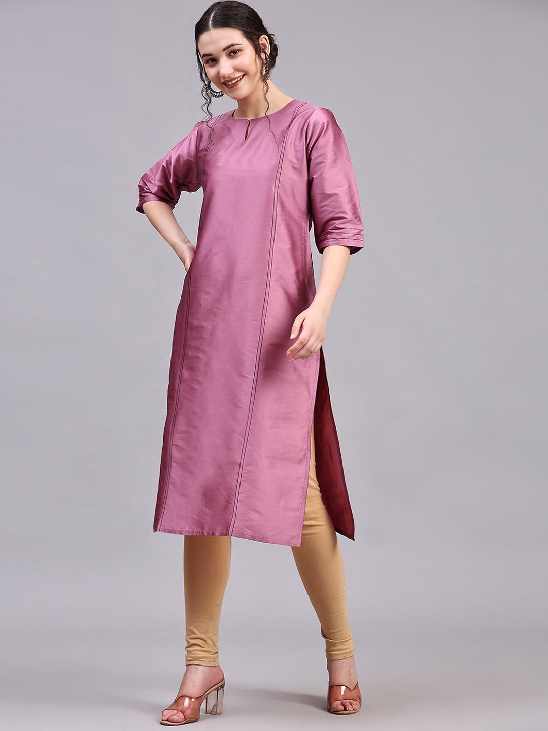 

V TRADITION Keyhole Neck Thread Work Art Silk Kurta, Pink