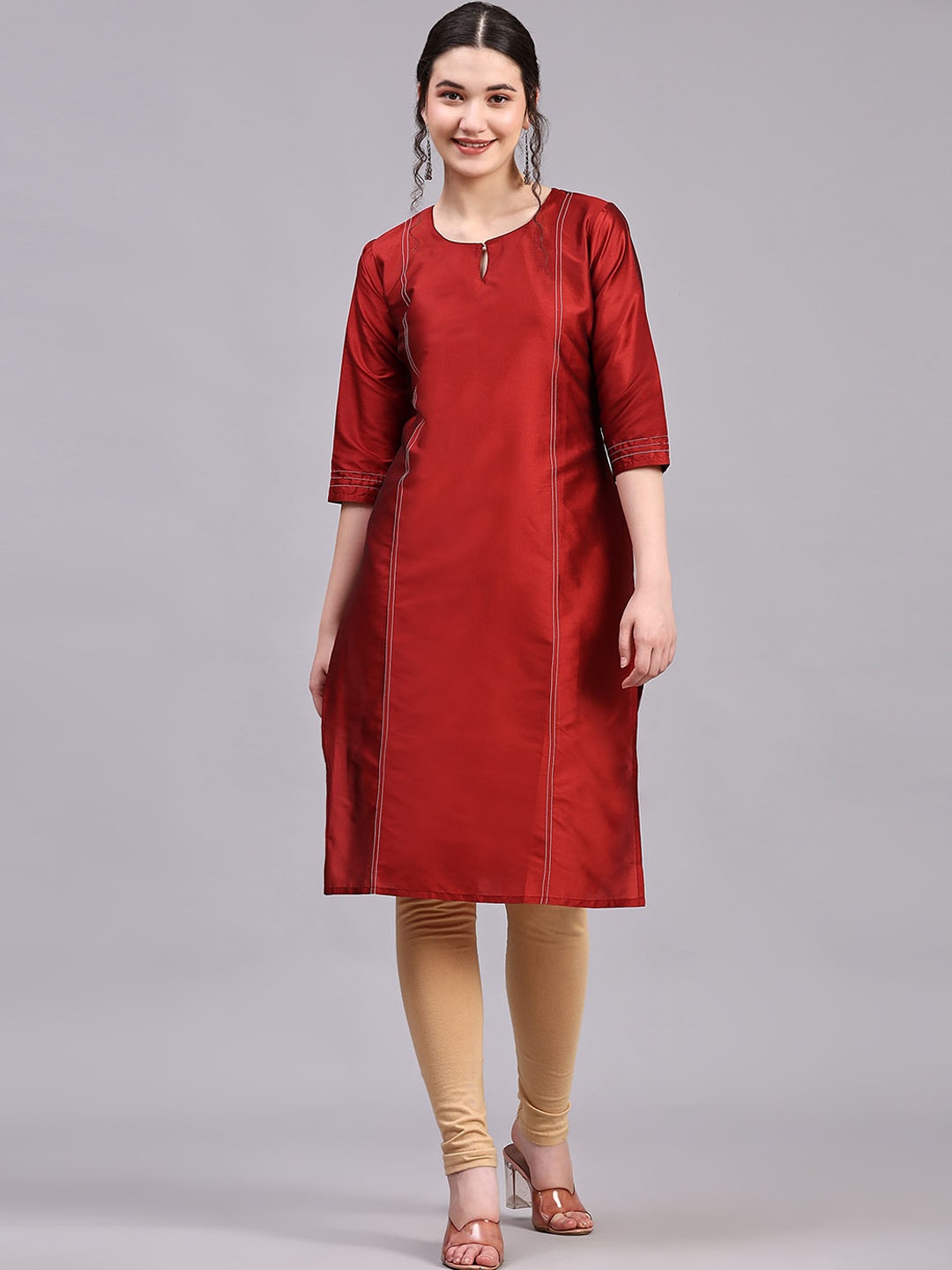 

V TRADITION Keyhole Neck Thread Work Art Silk Kurta, Red