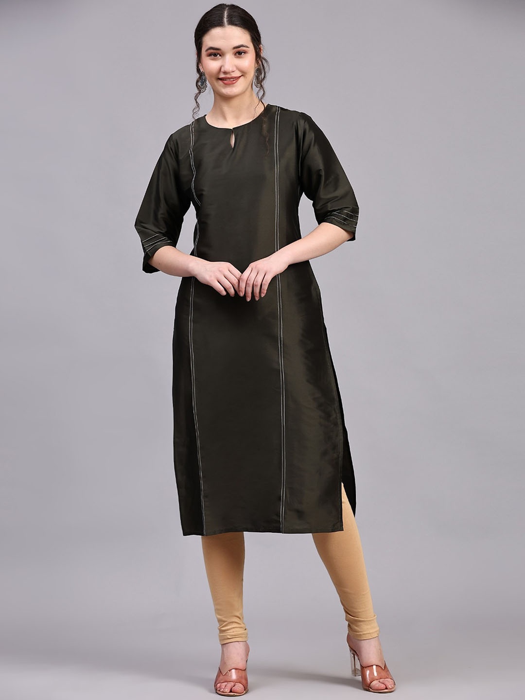 

V TRADITION Keyhole Neck Thread Work Art Silk Kurta, Green