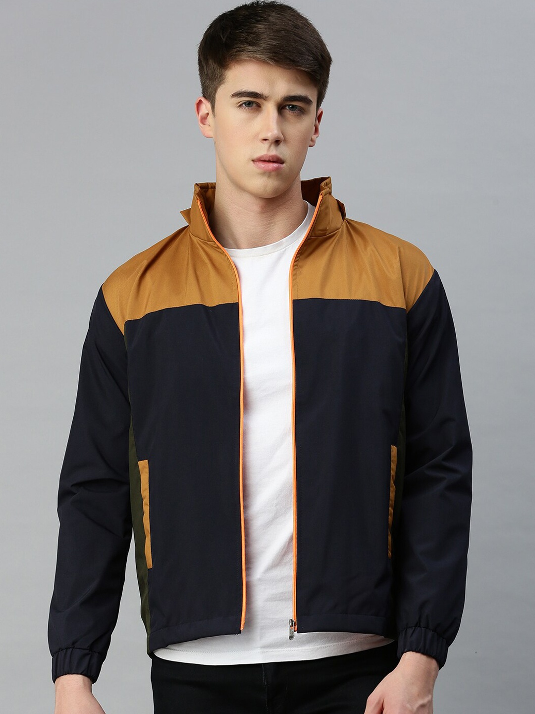 

VOXATI Colourblocked Stand Collar Bomber Jacket With Detachable Hood, Navy blue
