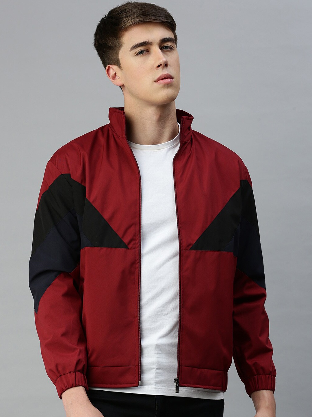 

VOXATI Colourblocked Zip-Front Casual Bomber Jacket, Maroon