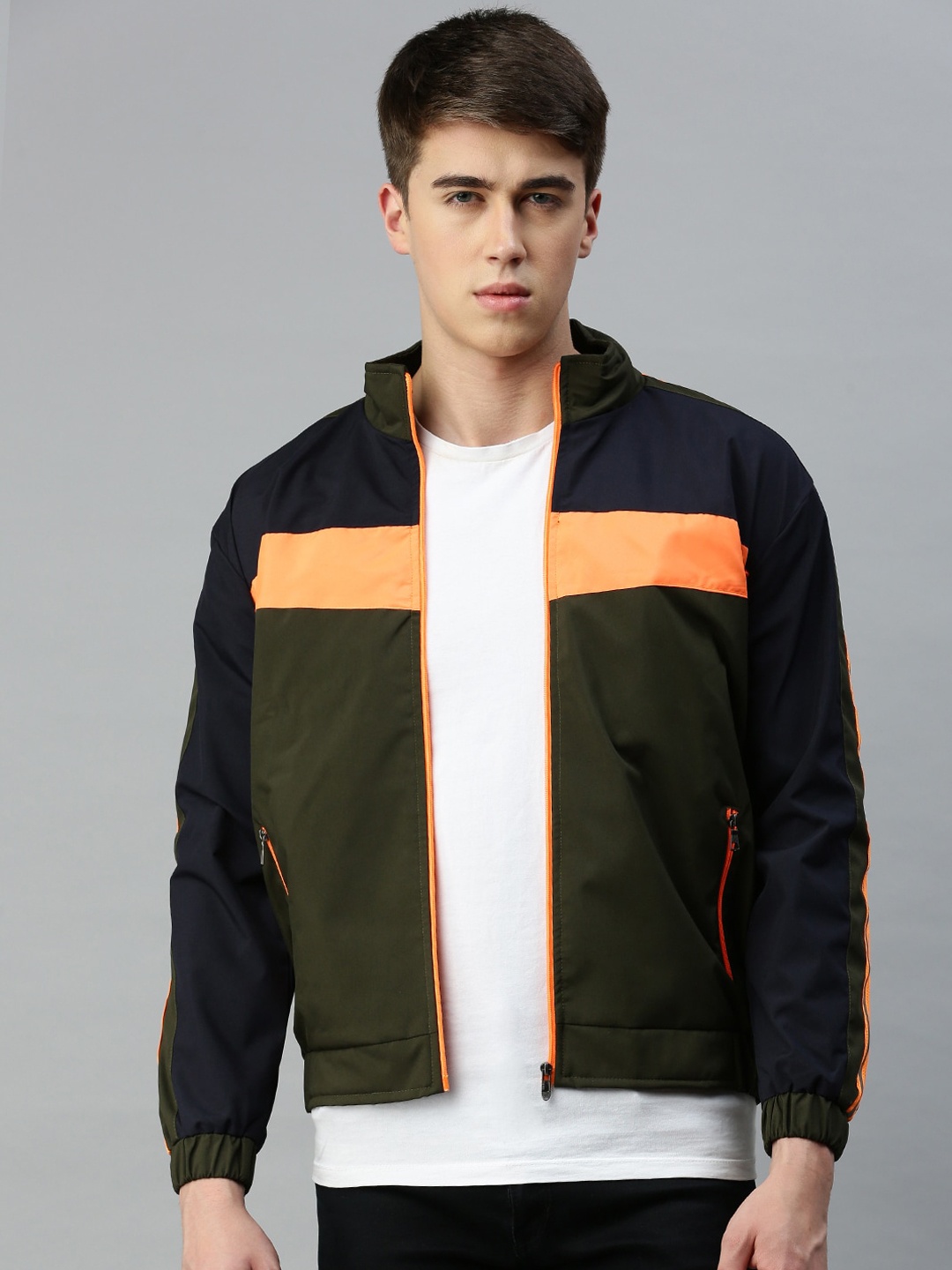 

VOXATI Colourblocked Mock Collar Bomber Jacket, Green