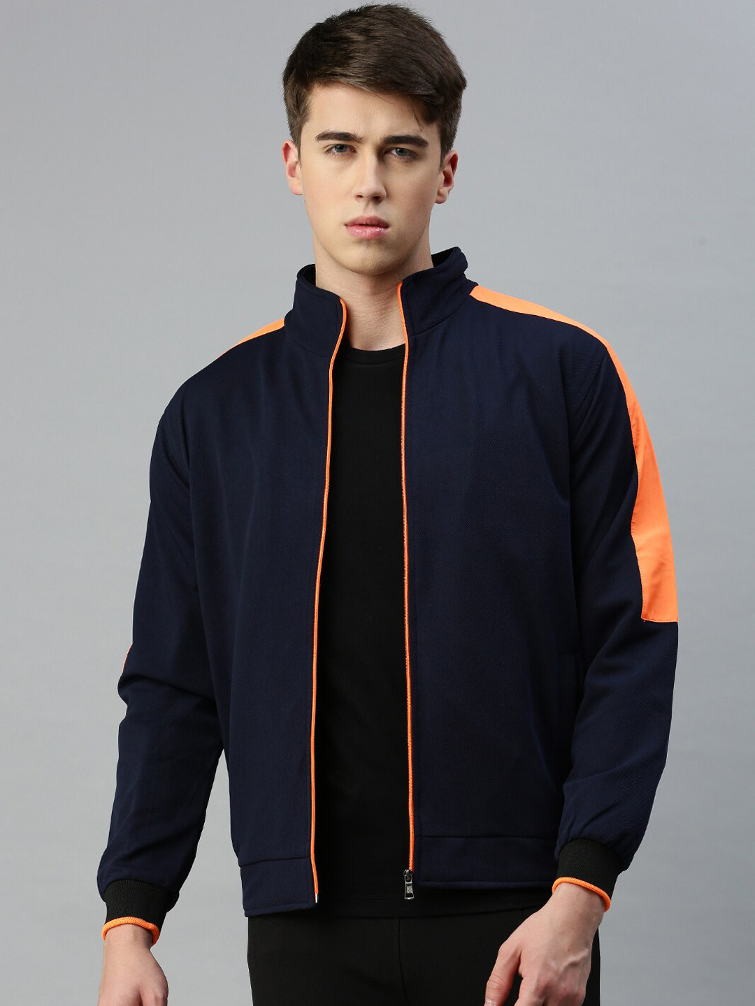 

VOXATI Men Striped Stand Collar Sporty Jacket, Navy blue