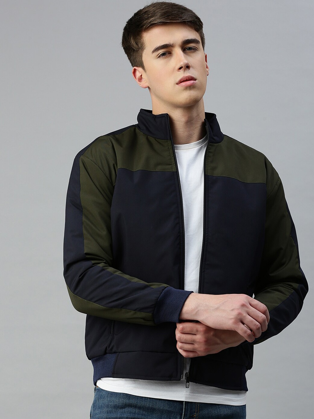 

VOXATI Colourblocked Mock Collar Bomber Jacket, Navy blue