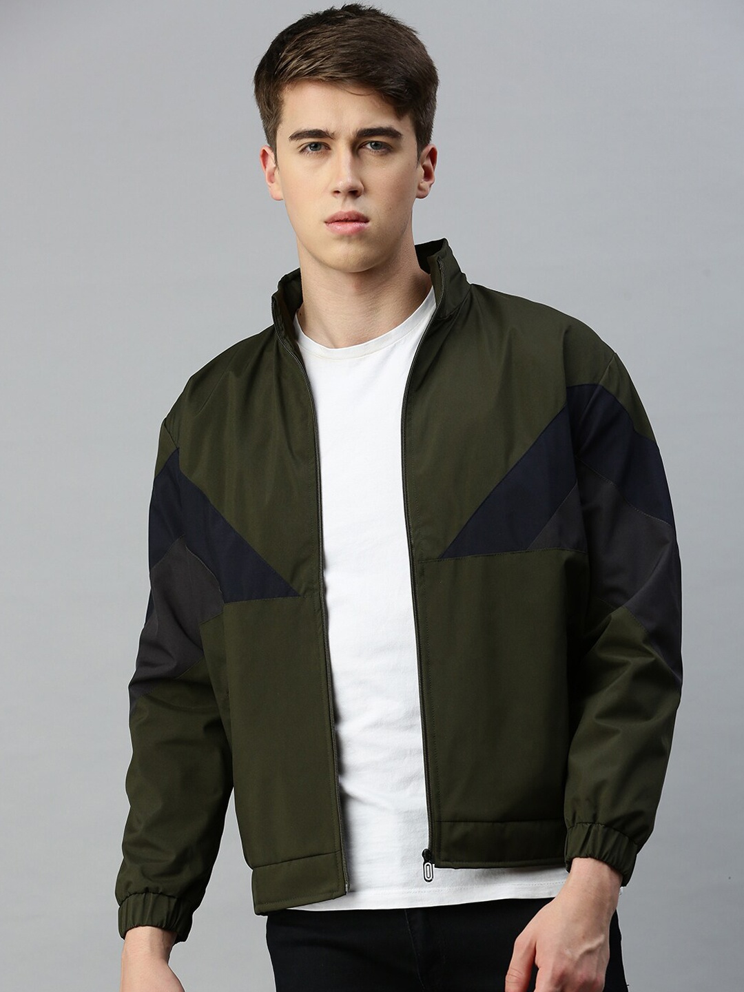 

VOXATI Mock Collar Colourblocked Bomber Jacket, Green