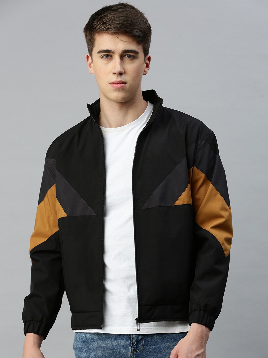 

VOXATI Men Colourblocked Bomber Jacket, Black