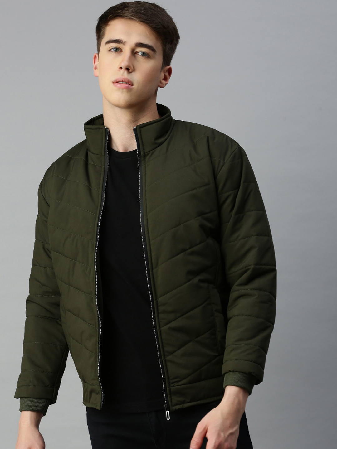 

VOXATI Stand Collar Cropped Bomber Jacket, Green