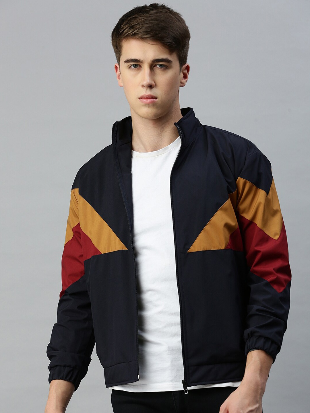 

VOXATI Mock Collar Colourblocked Bomber with Patchwork Jacket, Navy blue