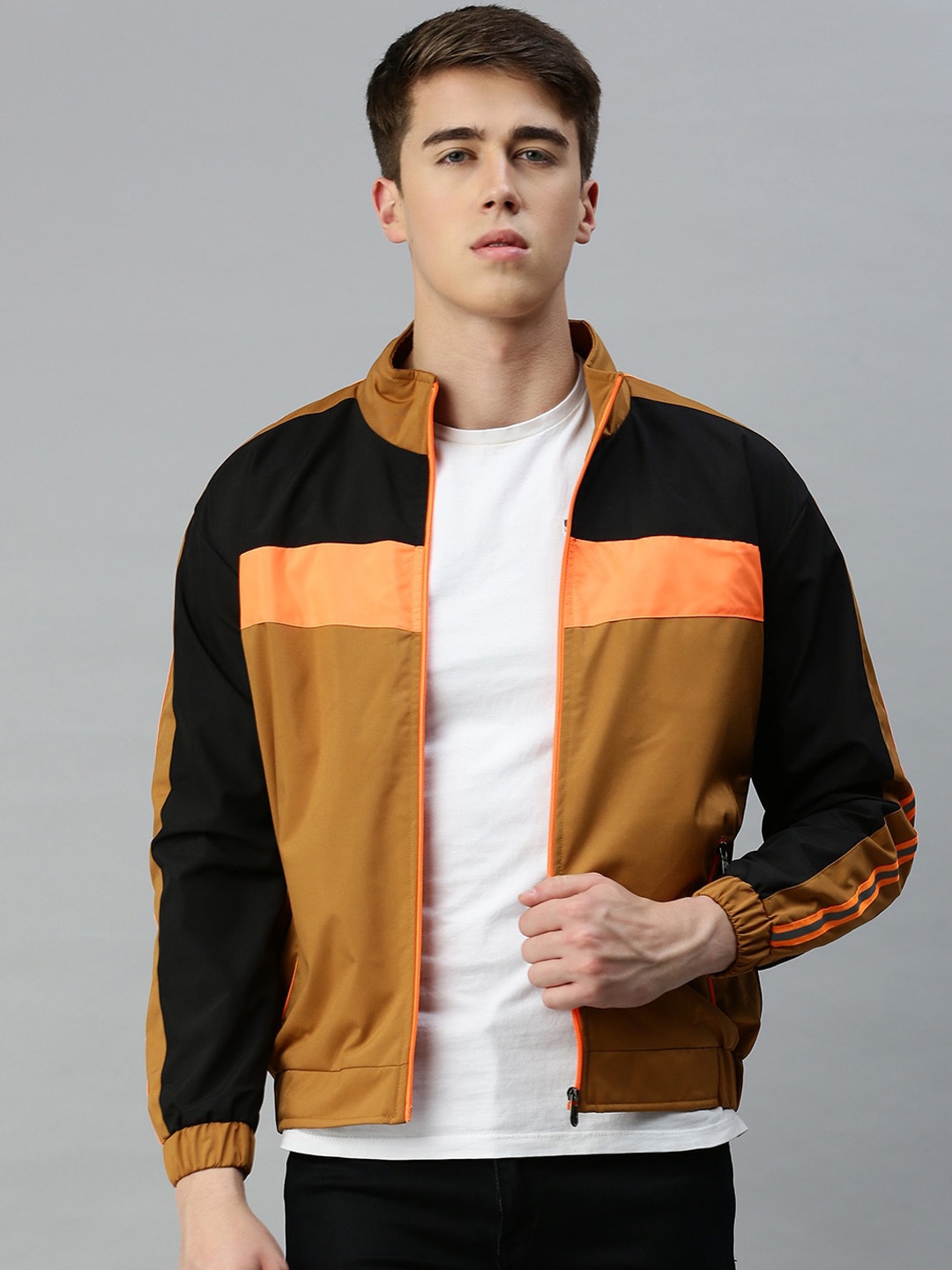 

VOXATI Colourblocked Mock Collar Bomber Jacket, Mustard